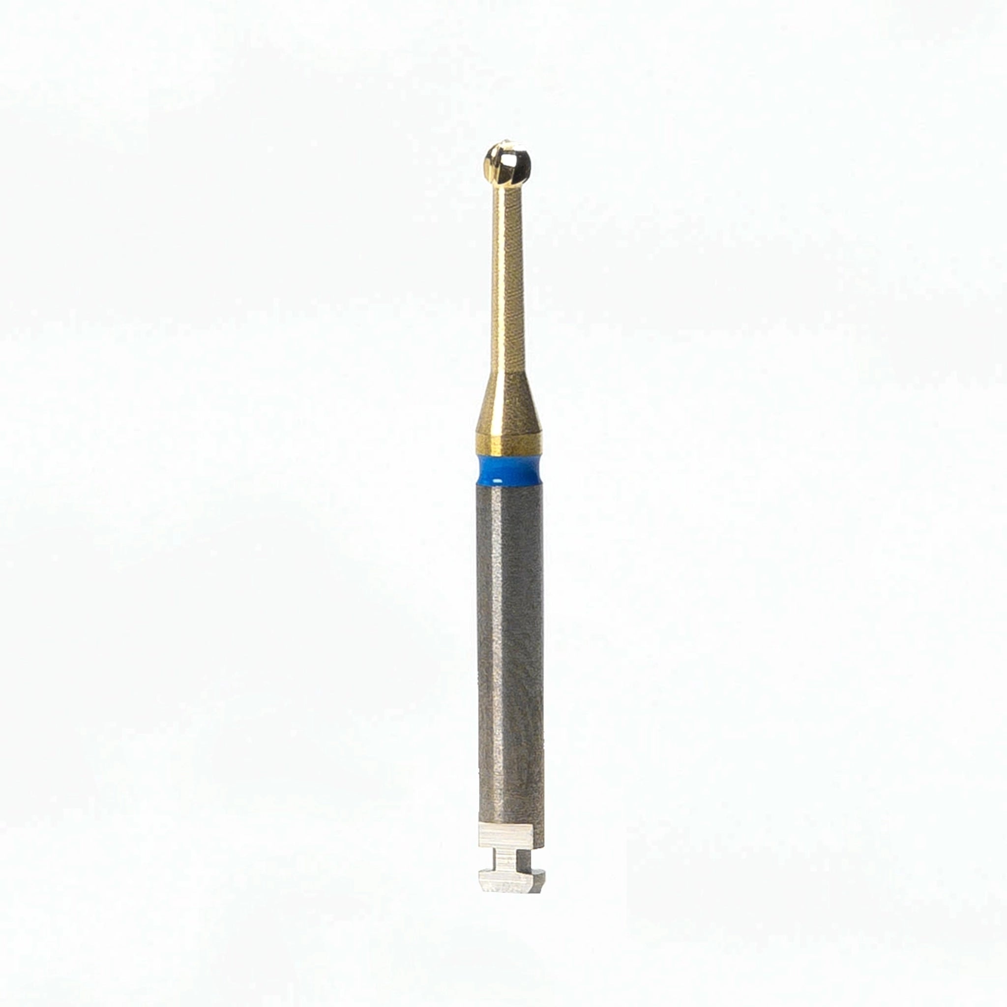 Endodontic bur for slow-speed dental use, made of tungsten carbide with a titanium nitride coating; designed for cleaning the pulp chamber and accessing canal openings with minimal heat and vibration for greater precision and patient comfort.