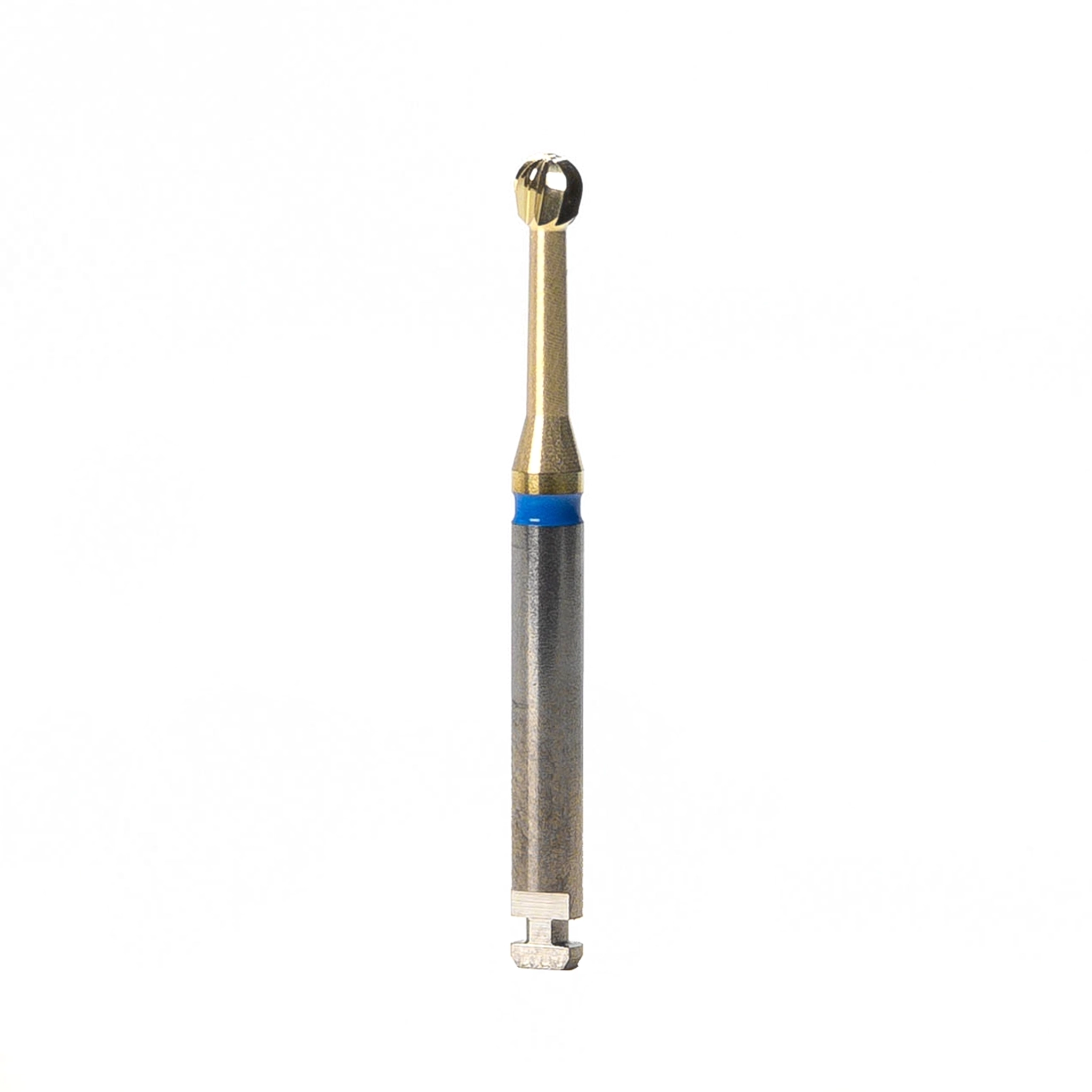 Advanced tungsten carbide endodontic bur for slow-speed dental procedures, designed to clean the pulp chamber and access canal openings; features a titanium nitride coating for durability and precision, with low heat and vibration for enhanced patient comfort.