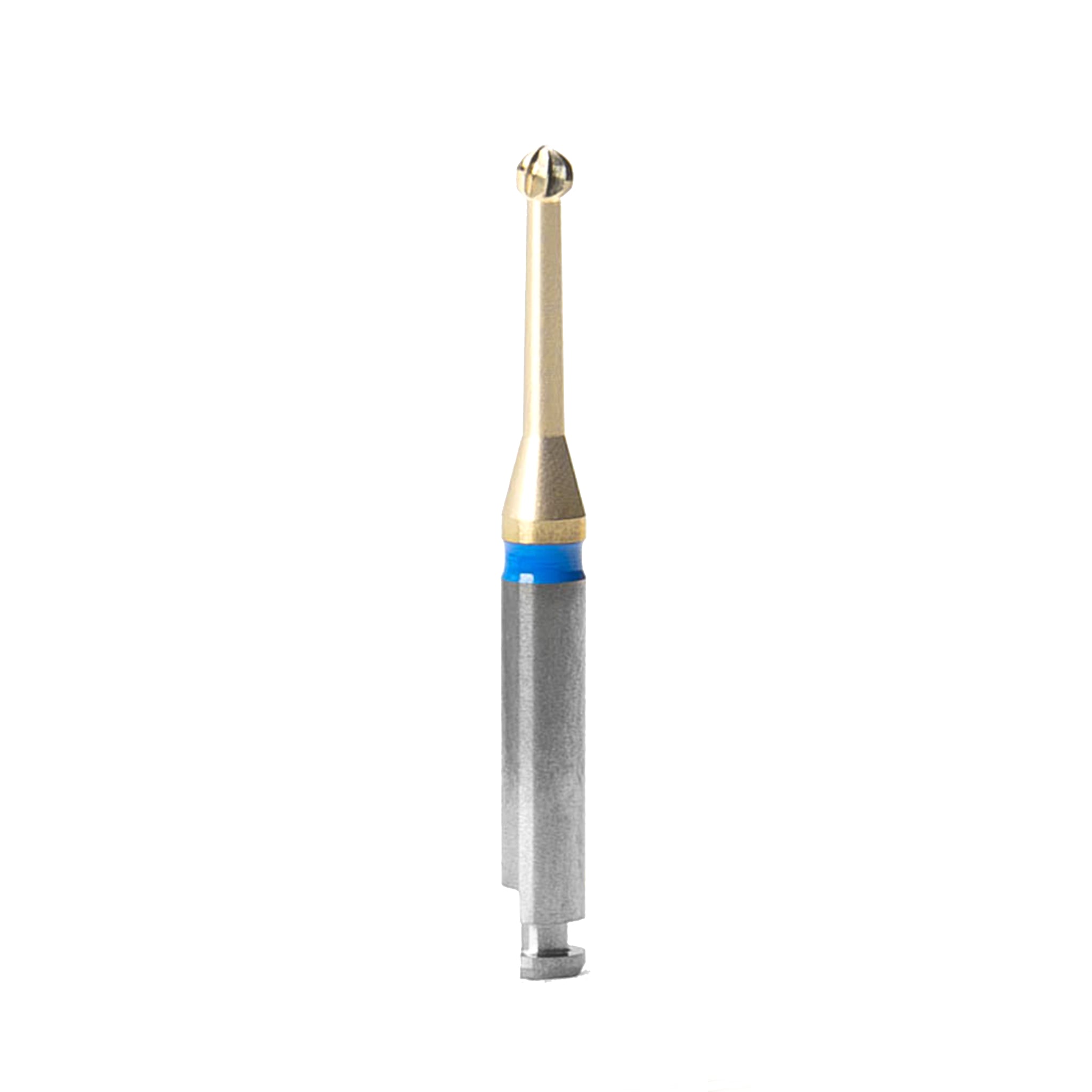 A Blue Cut Carbide Round Bur 016 with a zircon nitrite wear protection layer, featuring a diamond-cut precision blade and durable design, suitable for dental cavity preparation and restorative procedures.
