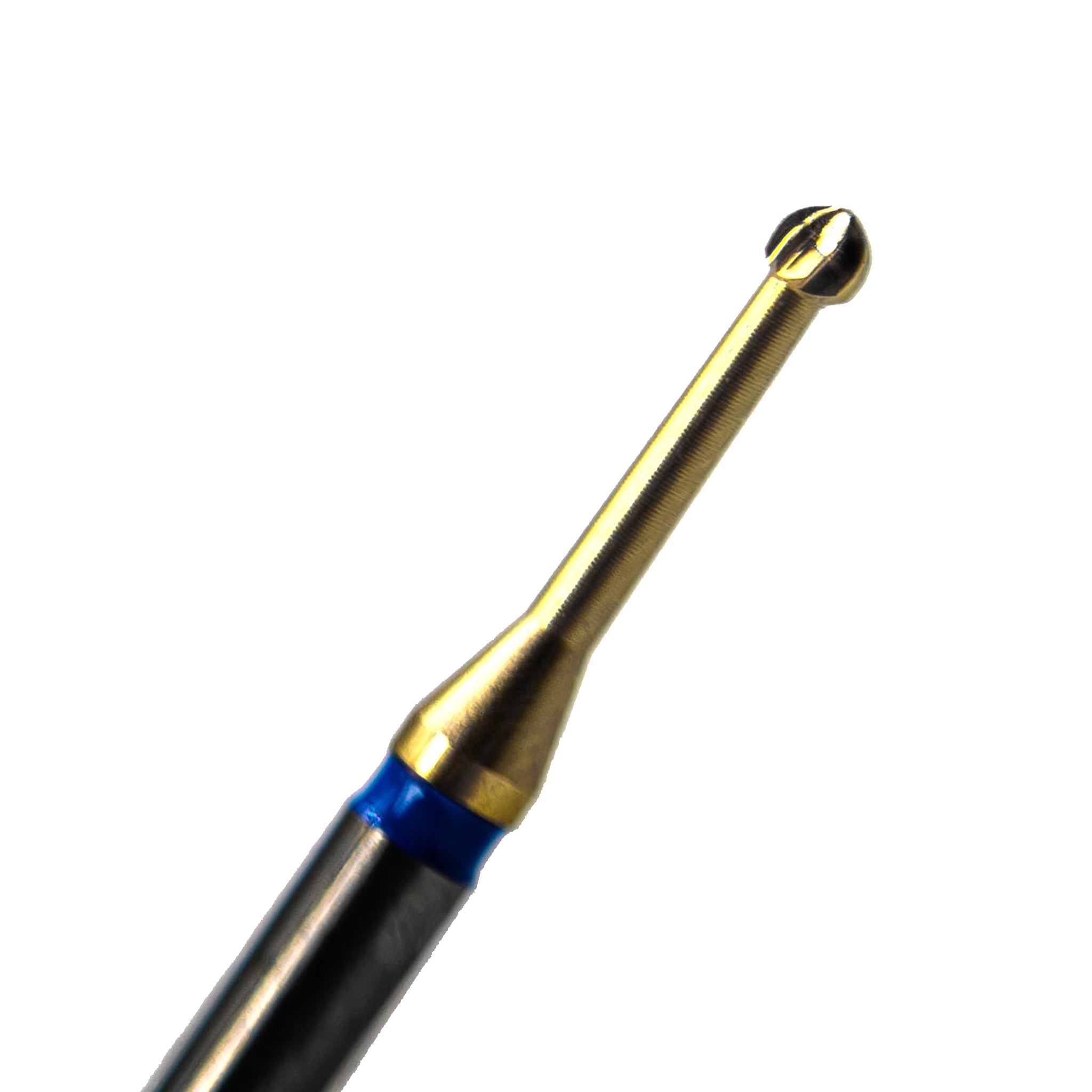 A Close-up Blue Cut Carbide Round Bur 016 with a zircon nitrite wear protection layer, featuring a diamond-cut precision blade and durable design, suitable for dental cavity preparation and restorative procedures.