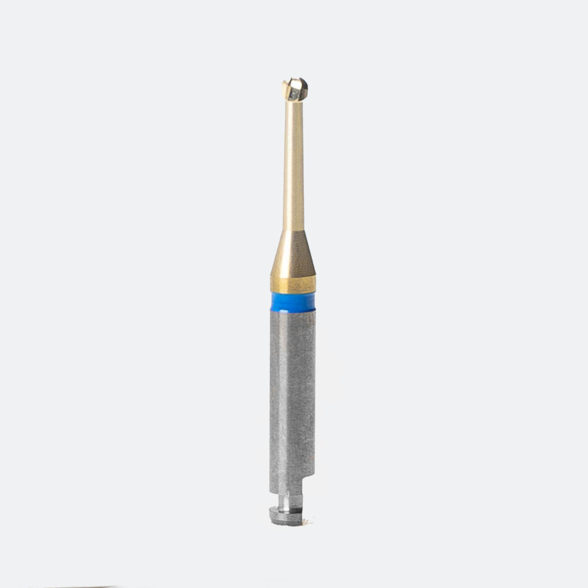 A Blue Cut Carbide Round Bur with Zircon Nitrite Layer, size 014, featuring a gold-colored coating and precision-cut blades. This dental bur offers superior durability, corrosion resistance, and precision for restorative procedures. Pack of 5.