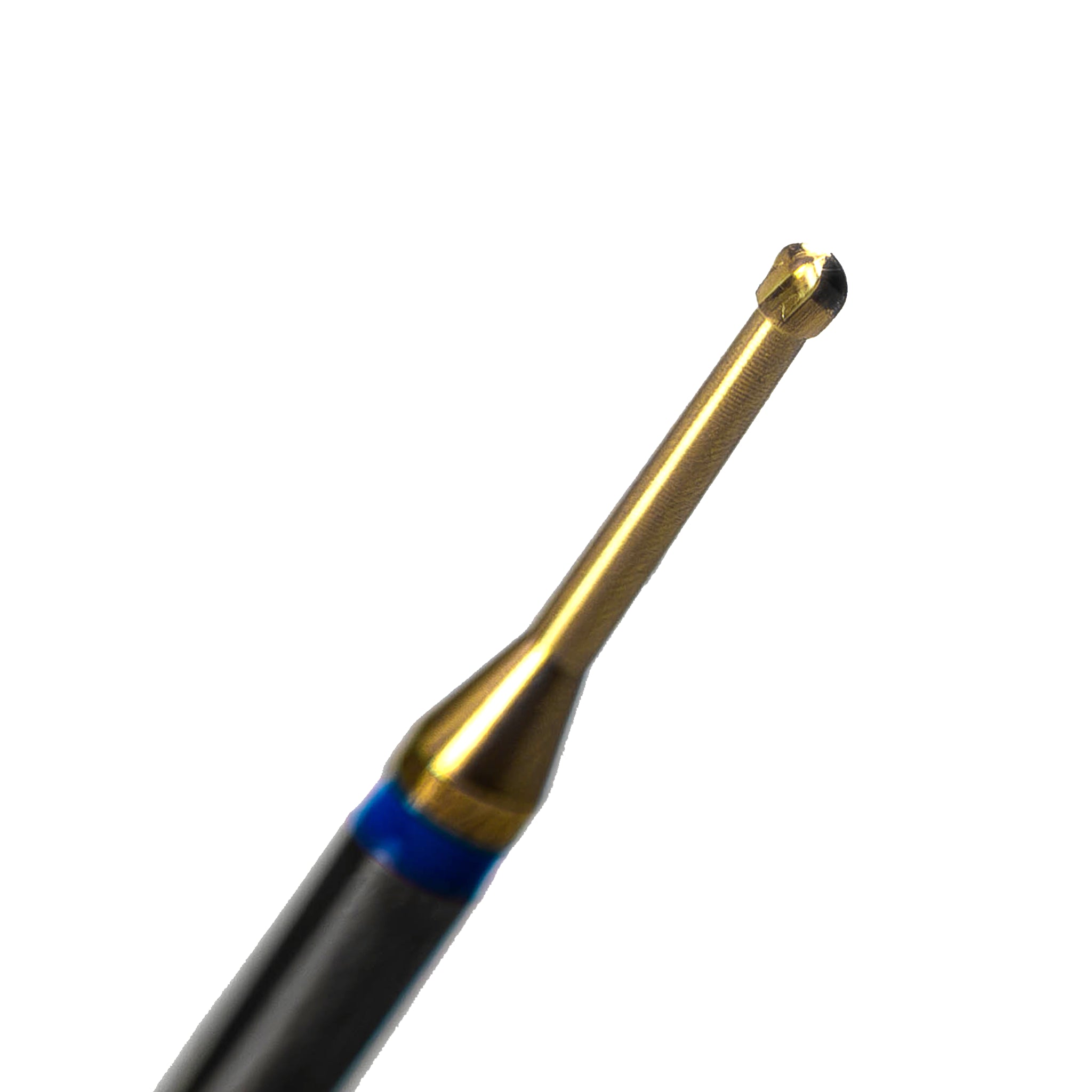 Close-up image of a Blue Cut Carbide Round Bur with Zircon Nitrite Layer, size 014, featuring a gold-colored coating and precision-cut blades. This dental bur offers superior durability, corrosion resistance, and precision for restorative procedures. Pack of 5.