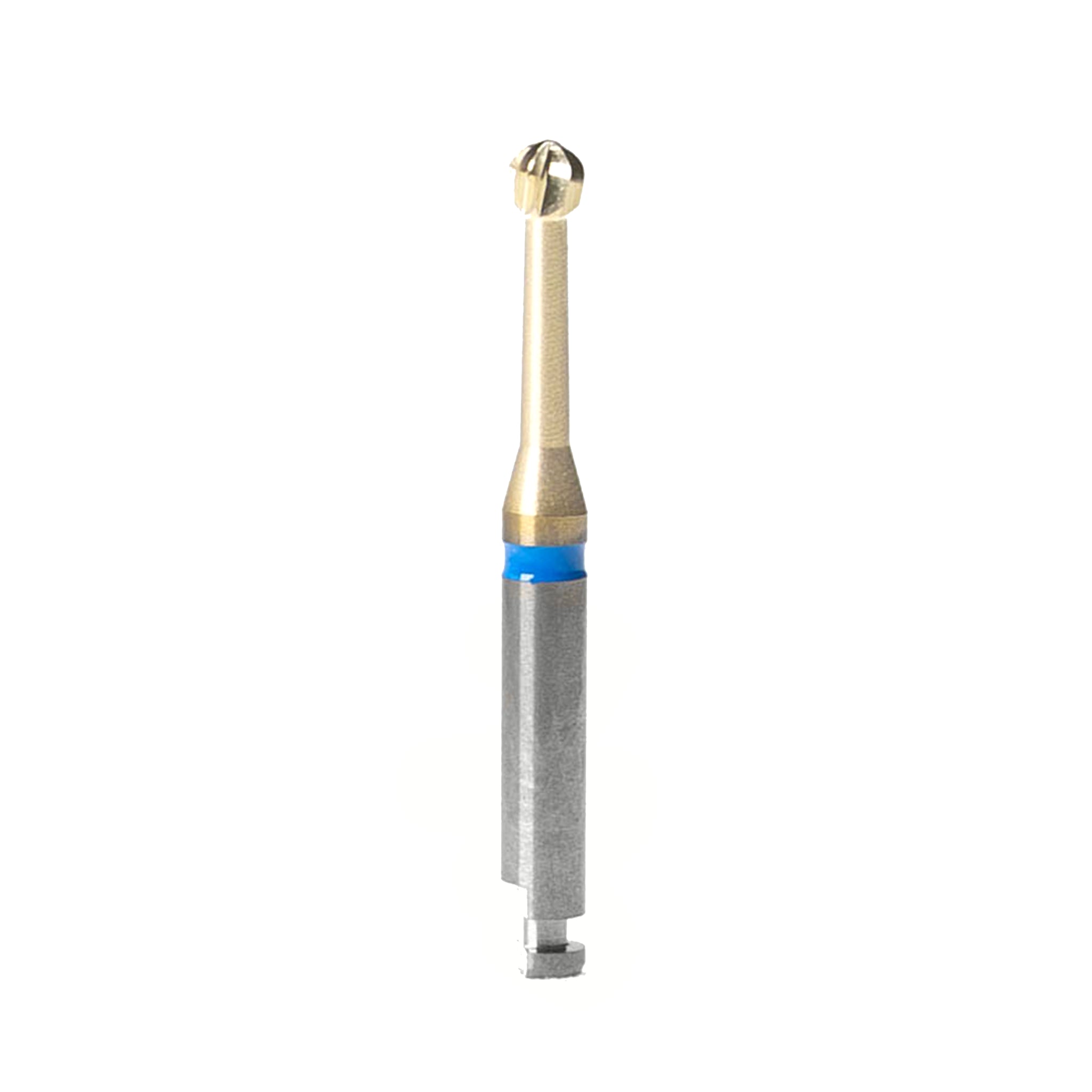 A Blue Cut Carbide Round Bur with Zircon Nitrite Layer, size 021, featuring a gold-colored durable coating and precision-cut blades. Designed for cavity preparation and restorative dentistry, this bur ensures high cutting performance, durability, and patient comfort. Pack of 5.