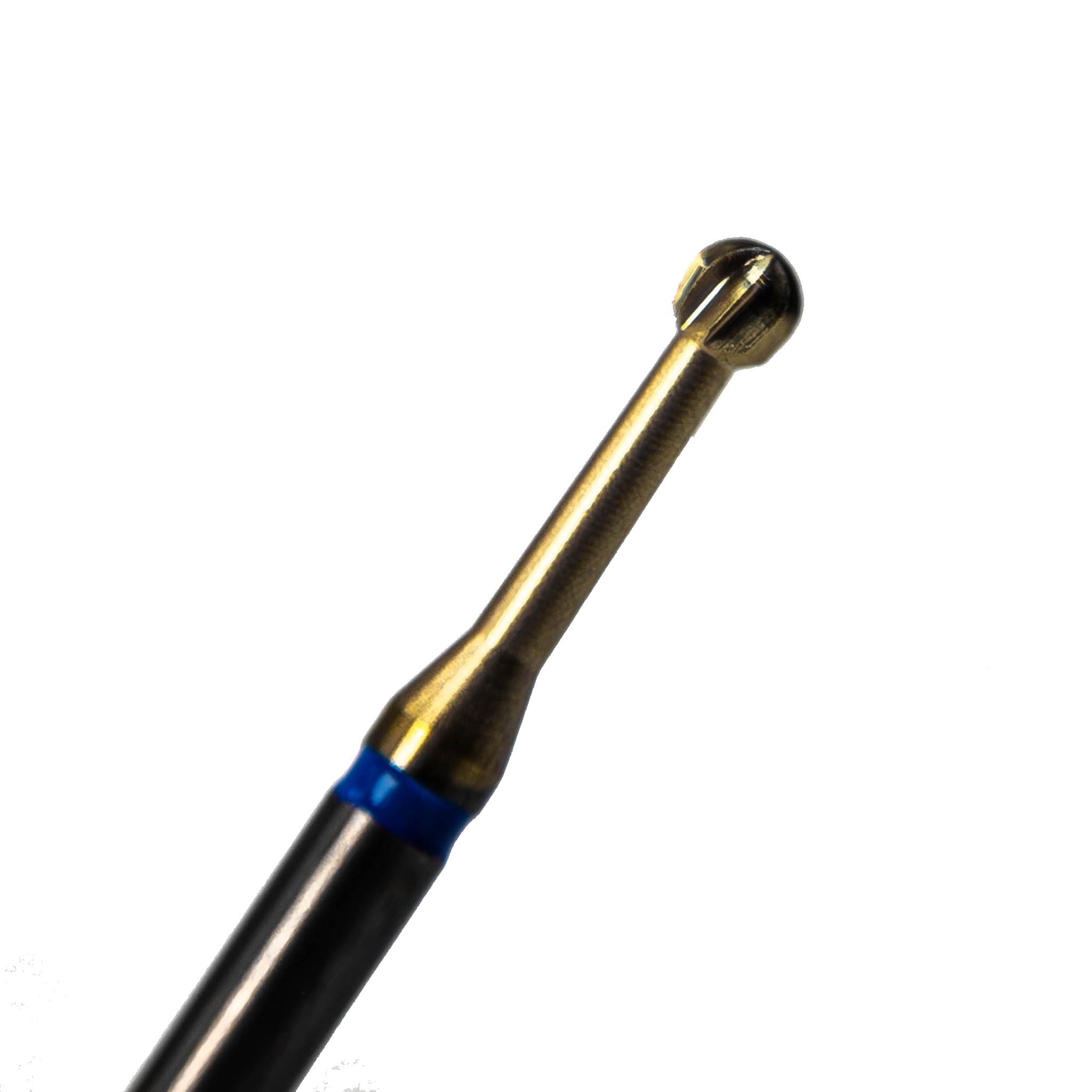 Close-up image of a Blue Cut Carbide Round Bur with Zircon Nitrite Layer, size 021, featuring a gold-colored durable coating and precision-cut blades. Designed for cavity preparation and restorative dentistry, this bur ensures high cutting performance, durability, and patient comfort. Pack of 5.