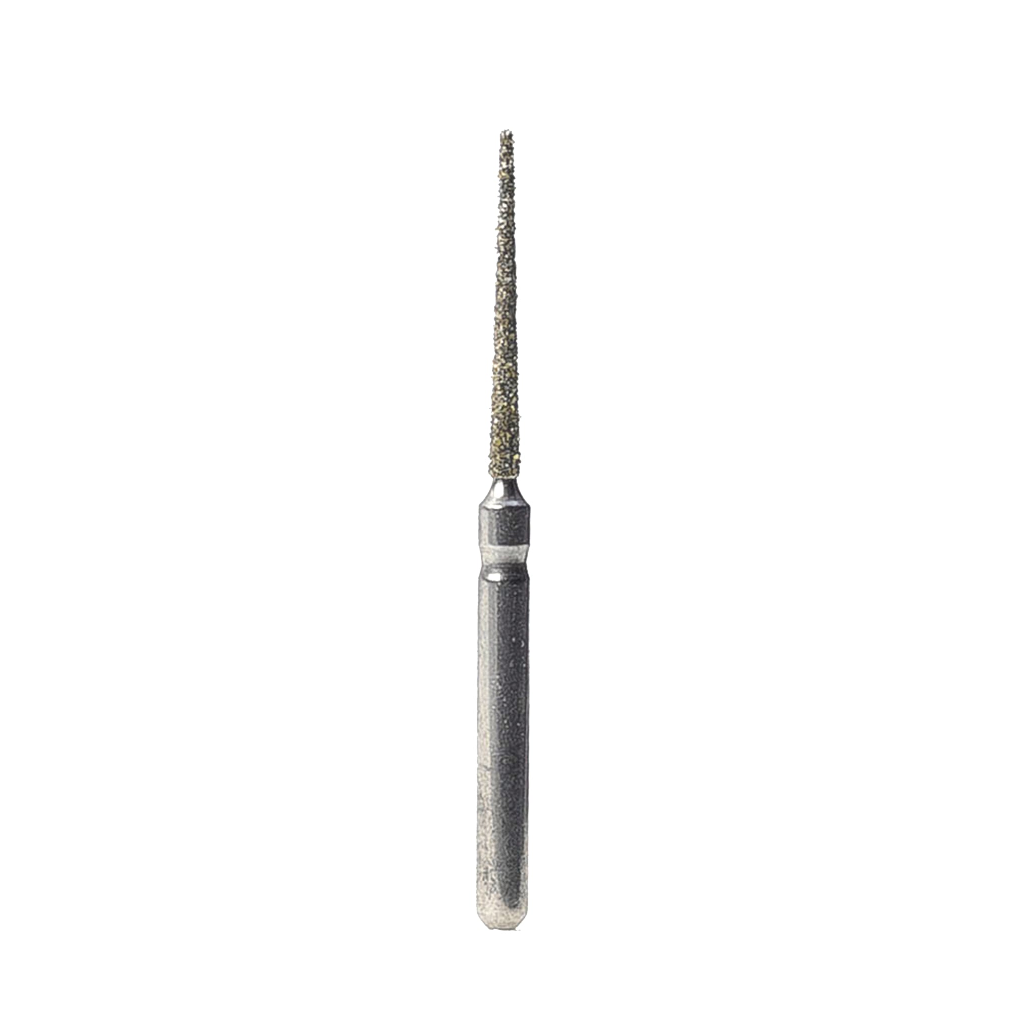 Crown prep bur with a needle shape and medium diamond grit, offering precision for narrow and detailed tooth preparation areas.