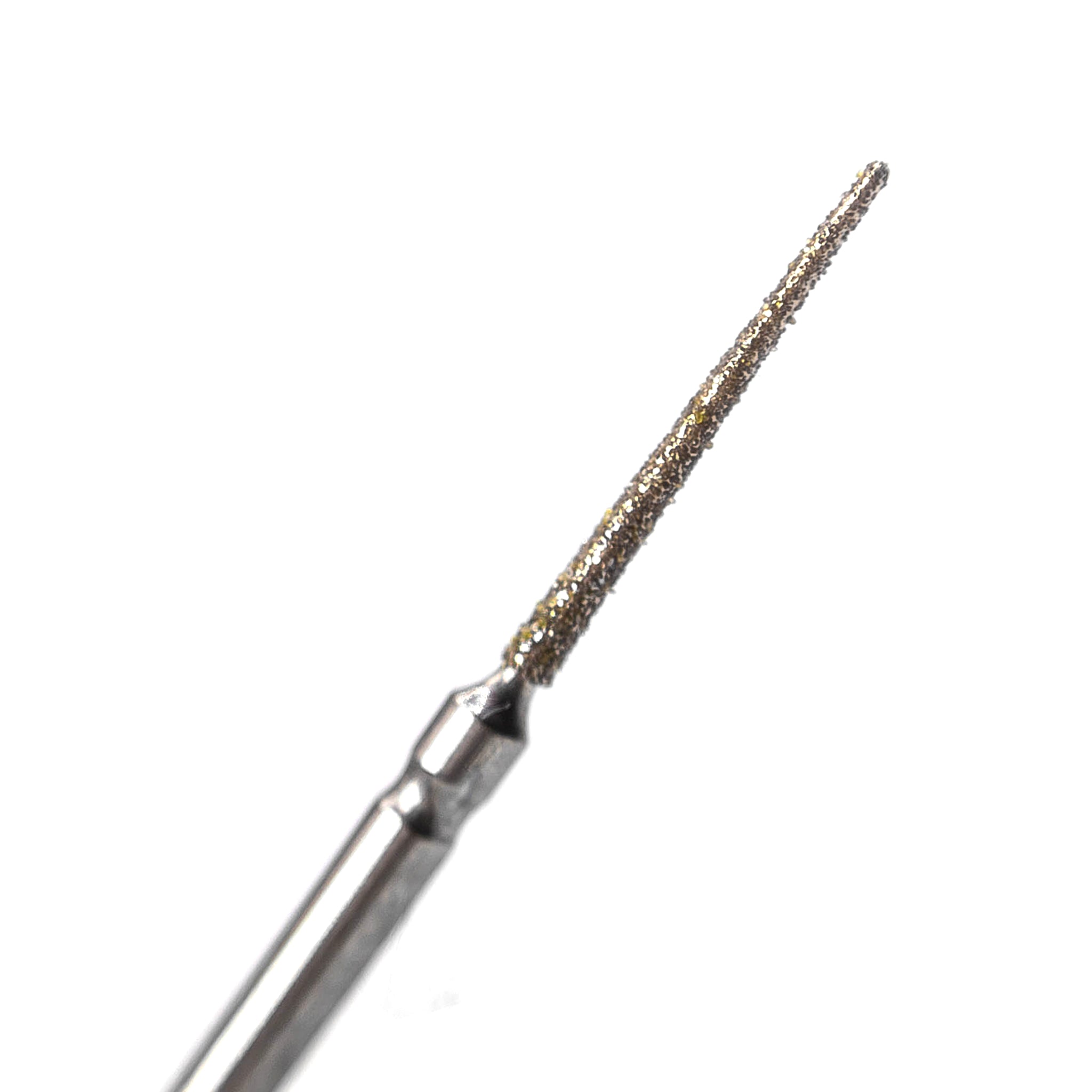 Close-up of crown prep bur with a needle shape and medium diamond grit, offering precision for narrow and detailed tooth preparation areas.