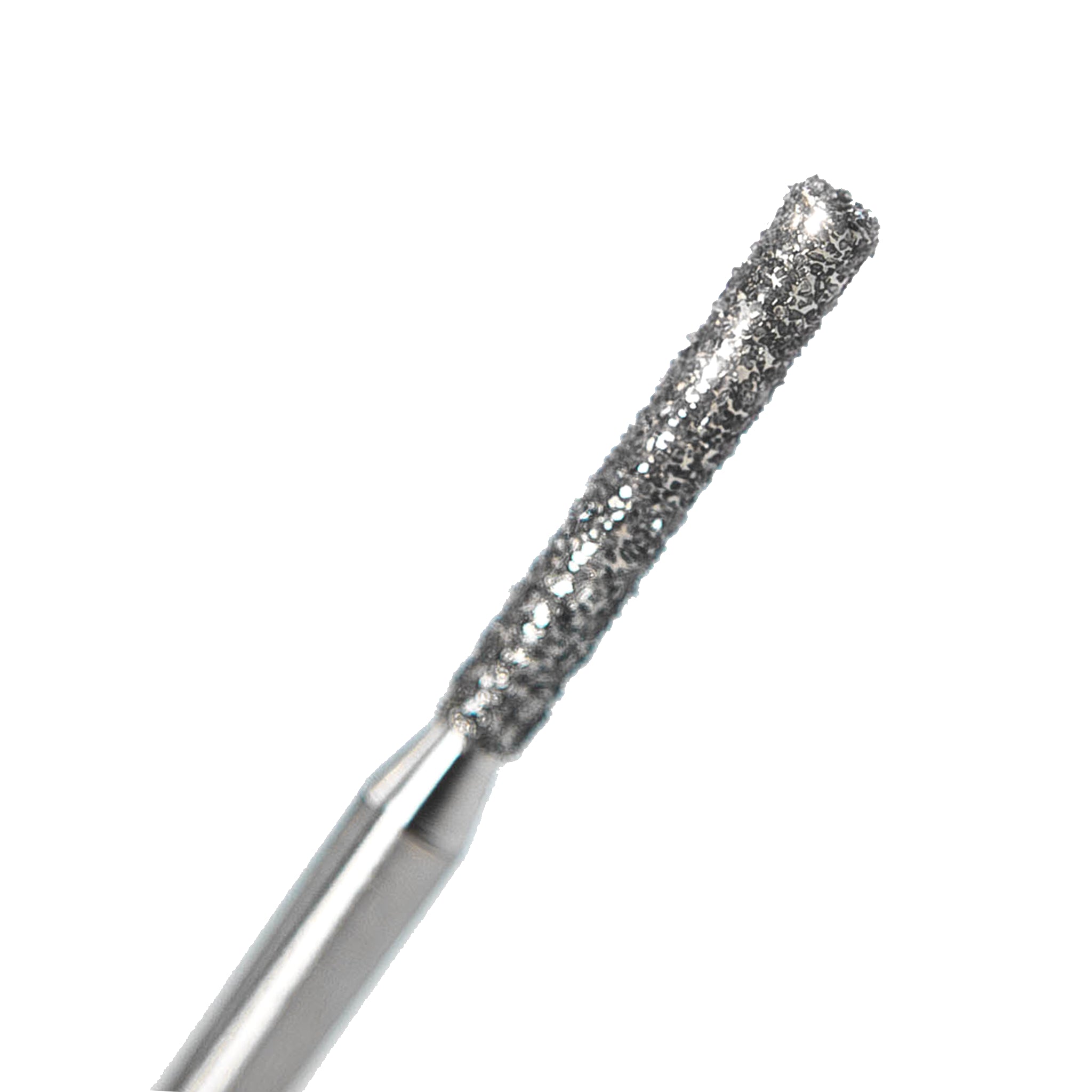 A close-up of a flat-end cylindrical diamond-coated bur designed for crown preparation and smooth surface finishing