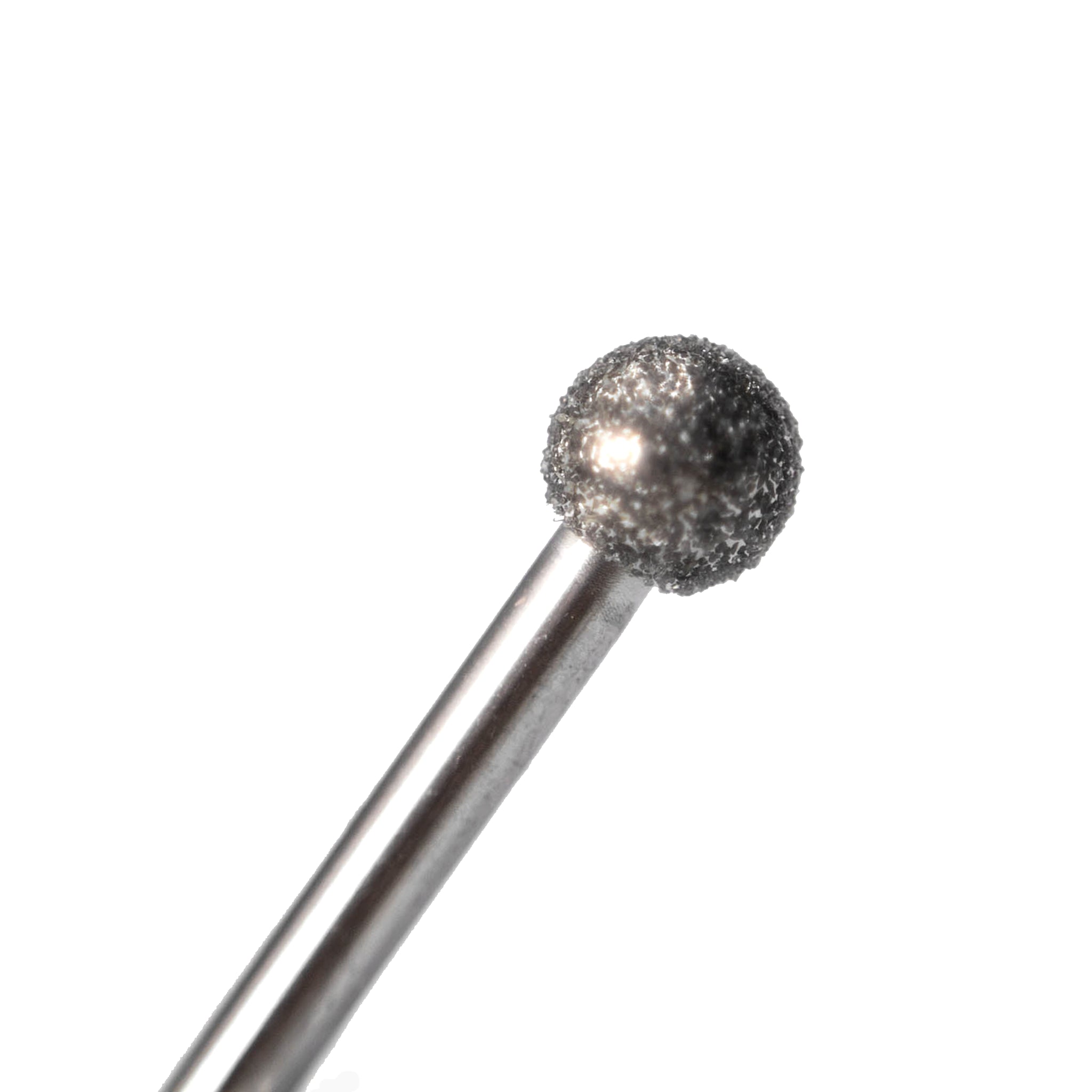 A close-up of a dental bur featuring a spherical, diamond-coated tip, ideal for crown preparation and contouring procedures.