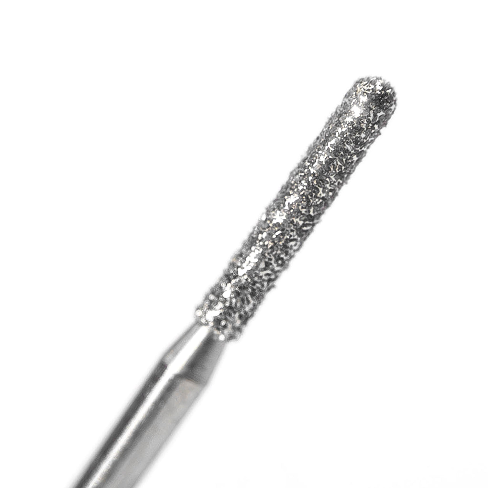 A close-up of a straight cylinder-shaped dental bur with medium-grit diamond coating, primarily used for crown preparations and flat surface adjustments.