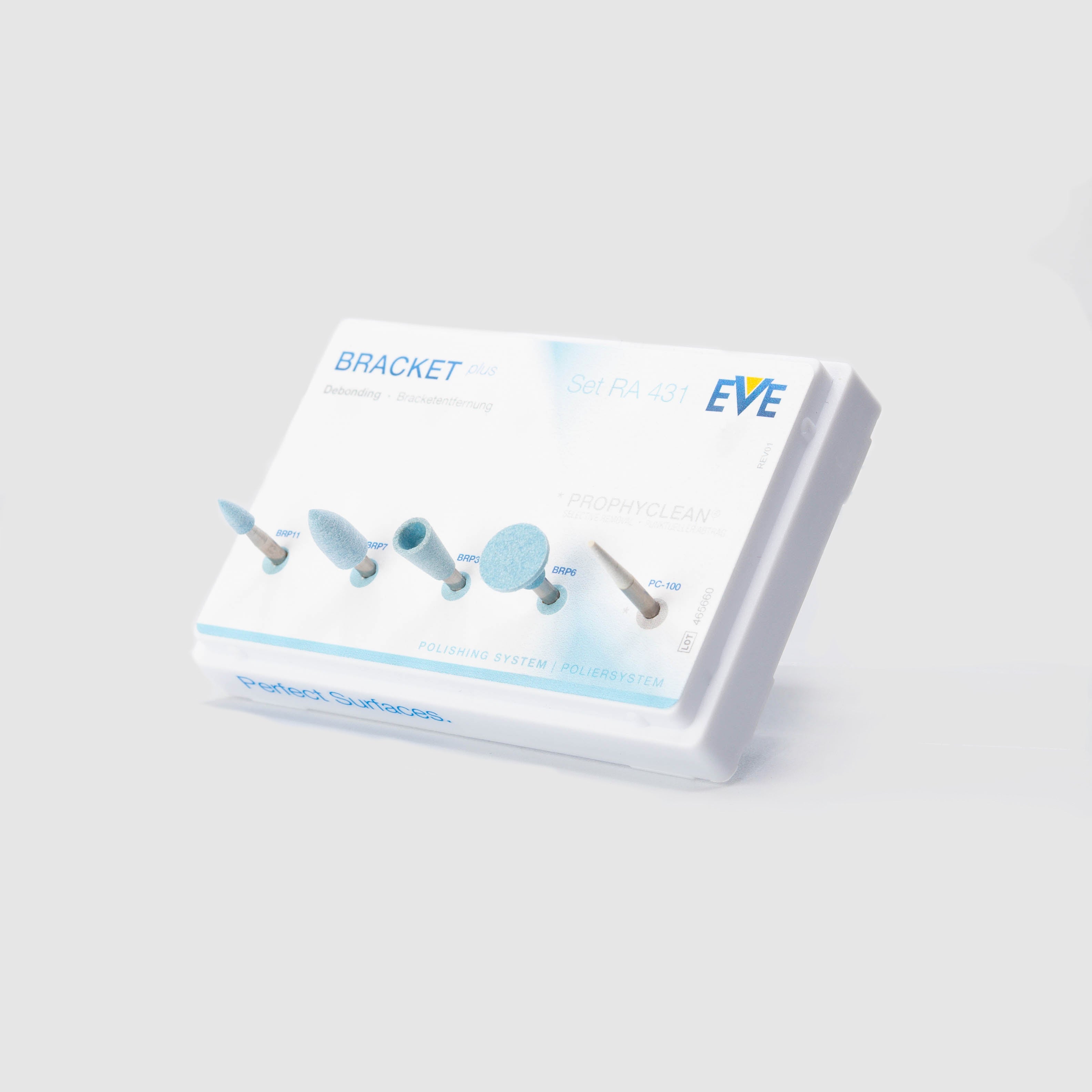 EVE BRACKET PLUS Set RA 431 complete kit with five blue and white polishers, arranged in a white display case labeled with product details. Designed for adhesive removal post-bracket debonding