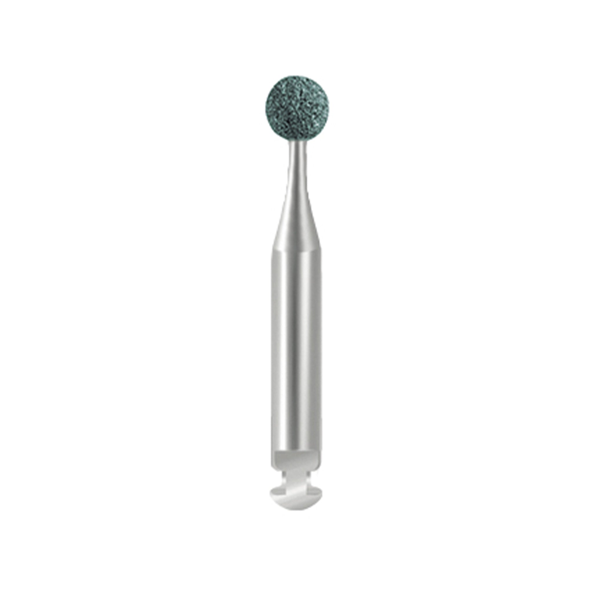 A dark green, ball-shaped polisher with a smooth finish, designed for dental finishing and polishing tasks.