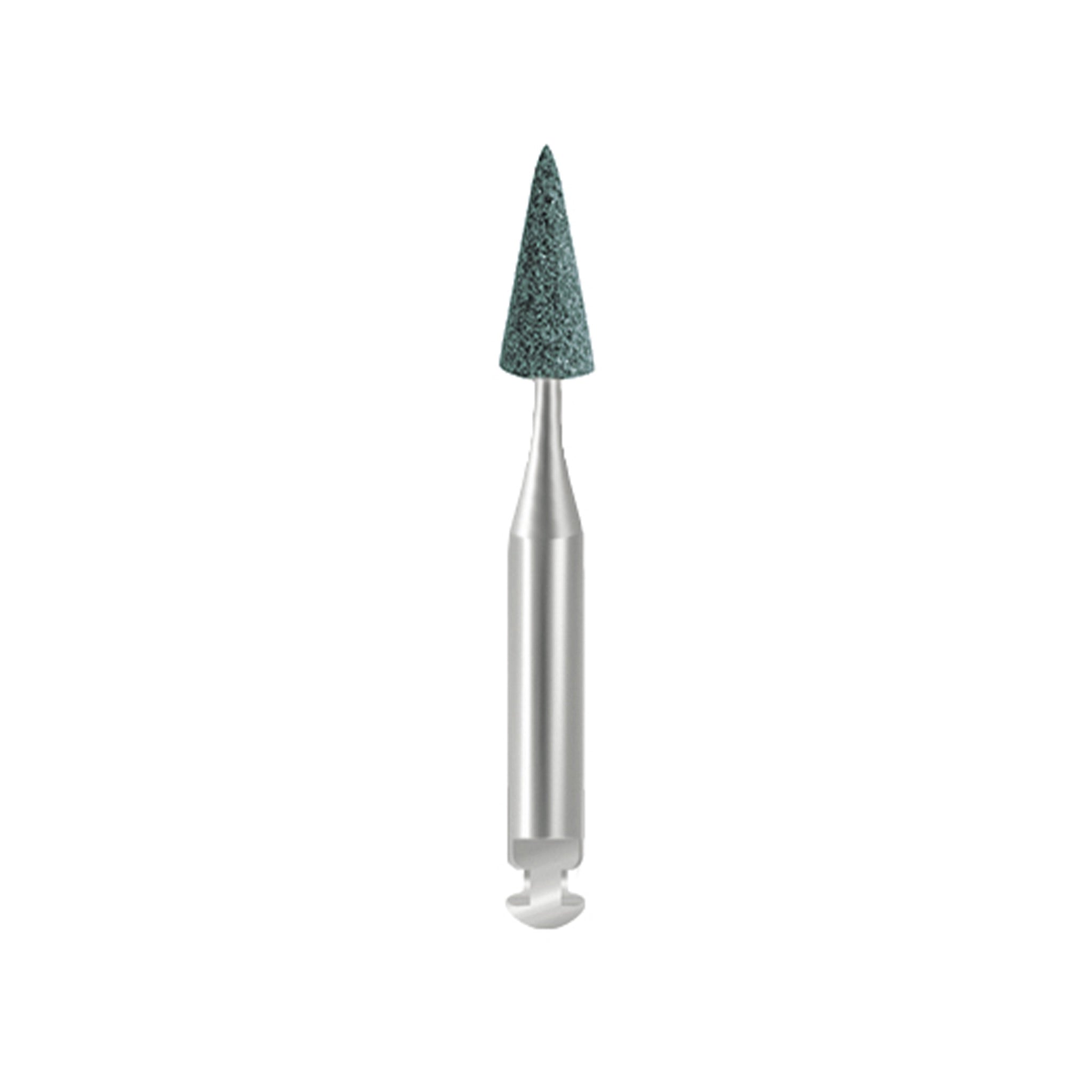 A dark green, pointed-shaped polisher for precise dental polishing and finishing applications.