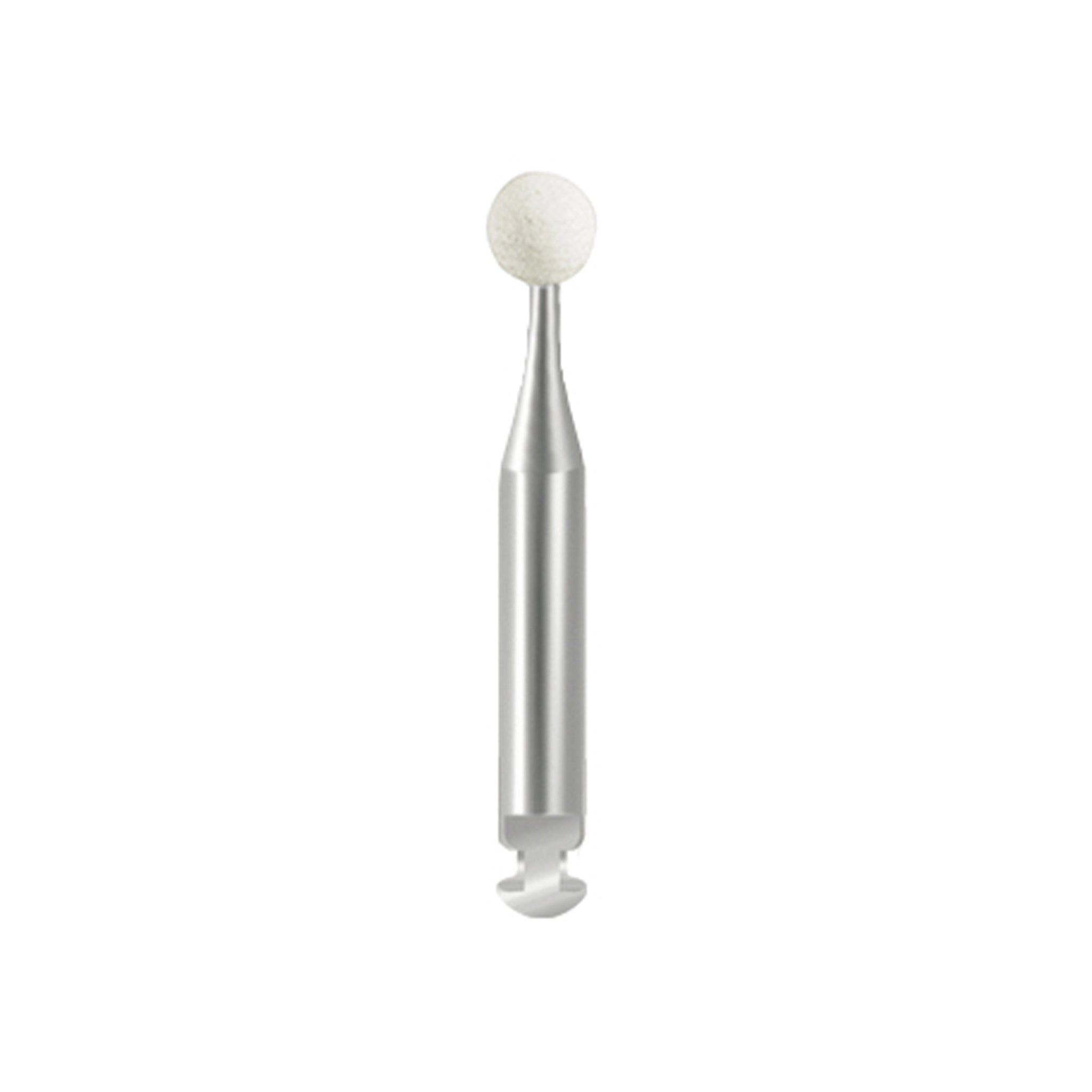 A white, ball-shaped polisher with a glossy finish, used for fine polishing in dental procedures.