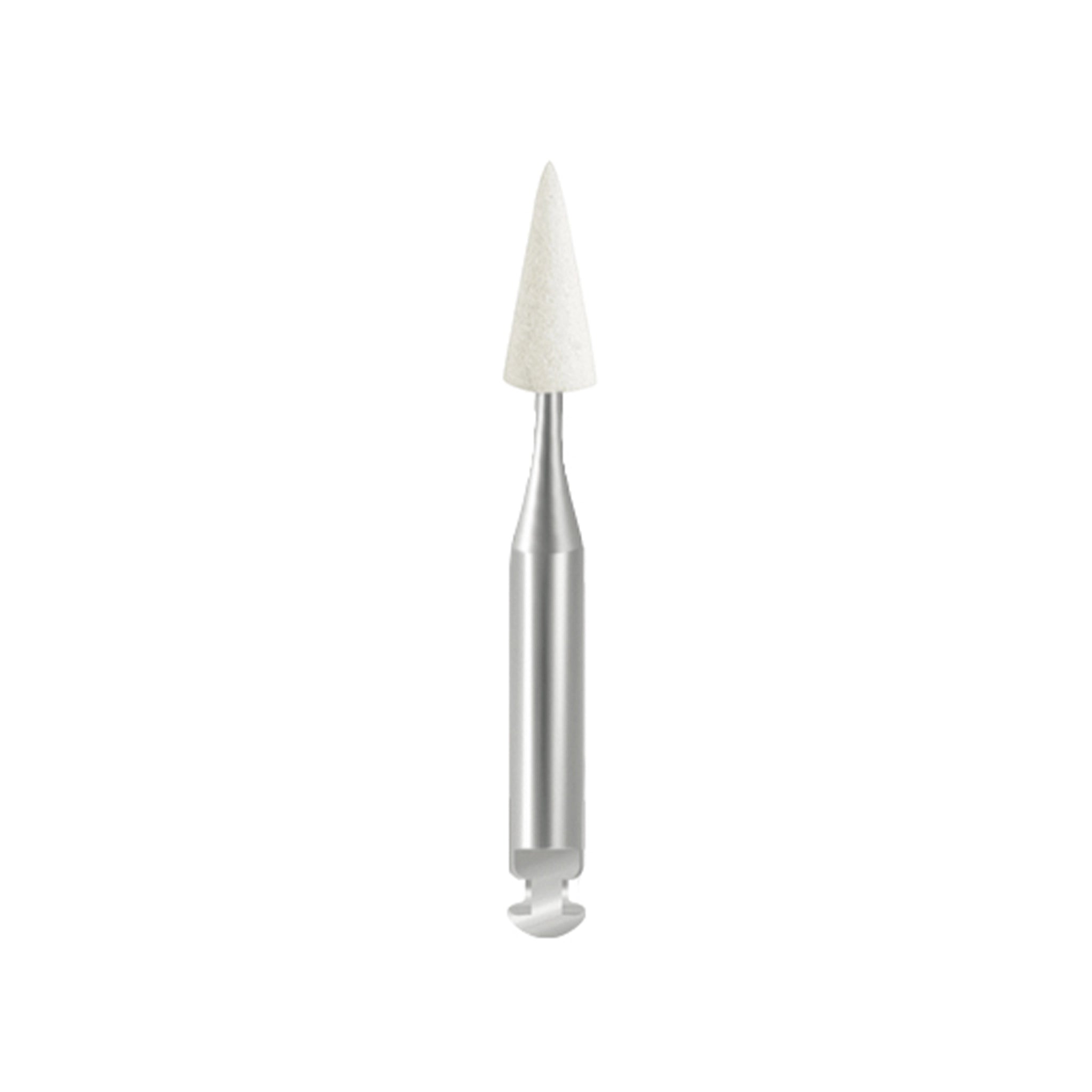 A white, pointed-shaped polisher, designed for detailed polishing and contouring of dental materials.