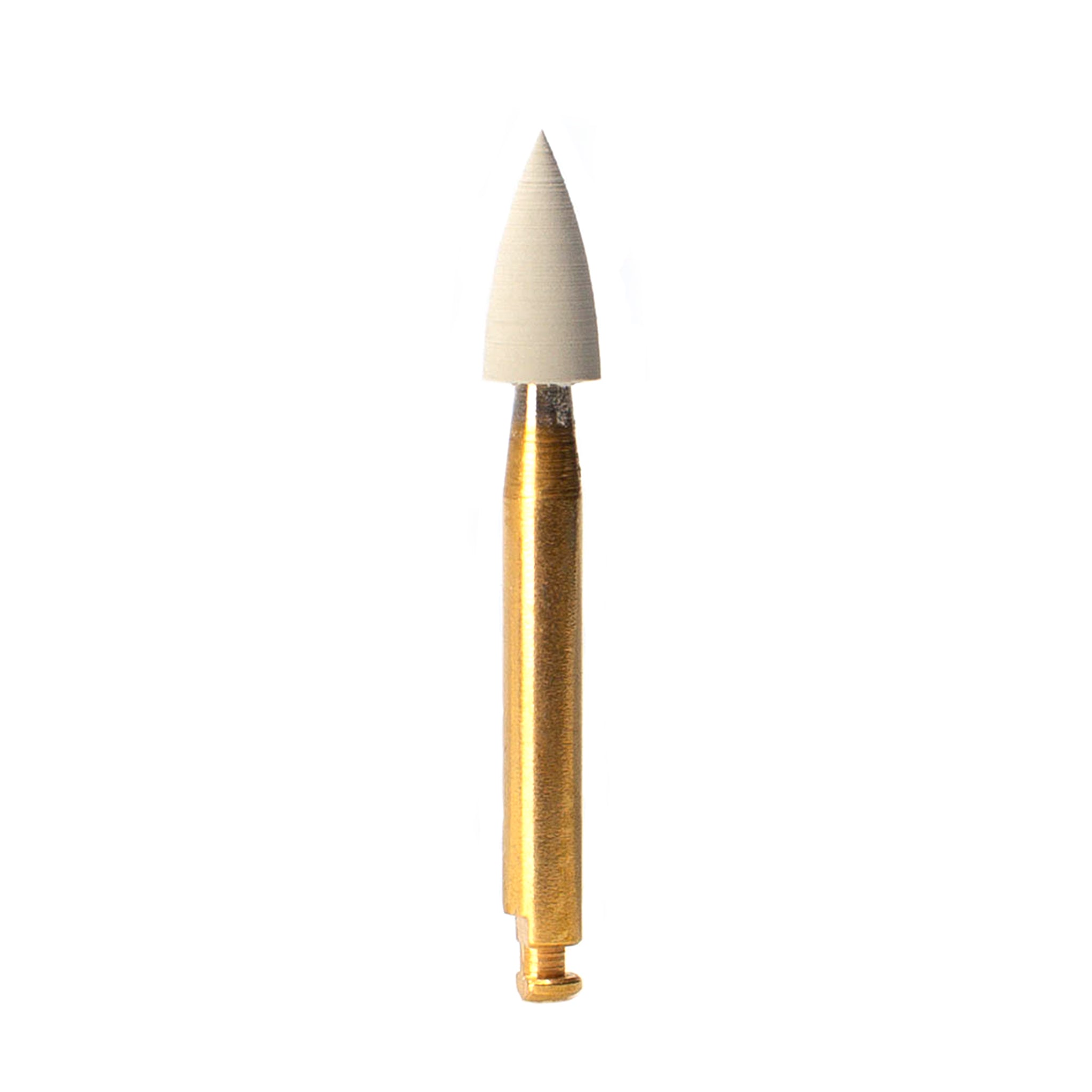 EVE DIACOMP® PLUS pointed polisher with a gray fine-grit abrasive tip and a gold rotary shank, designed for high-shine polishing of detailed composite and hybrid ceramic restorations.
