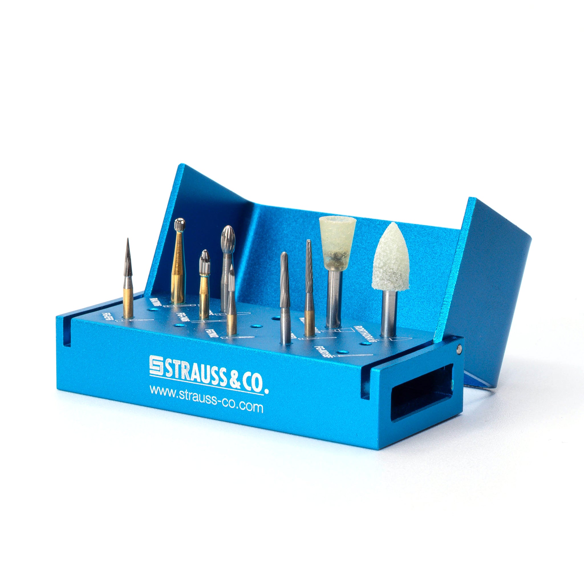 A Strauss & Co. Debonding Kit featuring a blue case with labeled slots containing various carbide burs and orthodontic polishers, specifically designed for safe composite and adhesive removal from enamel.