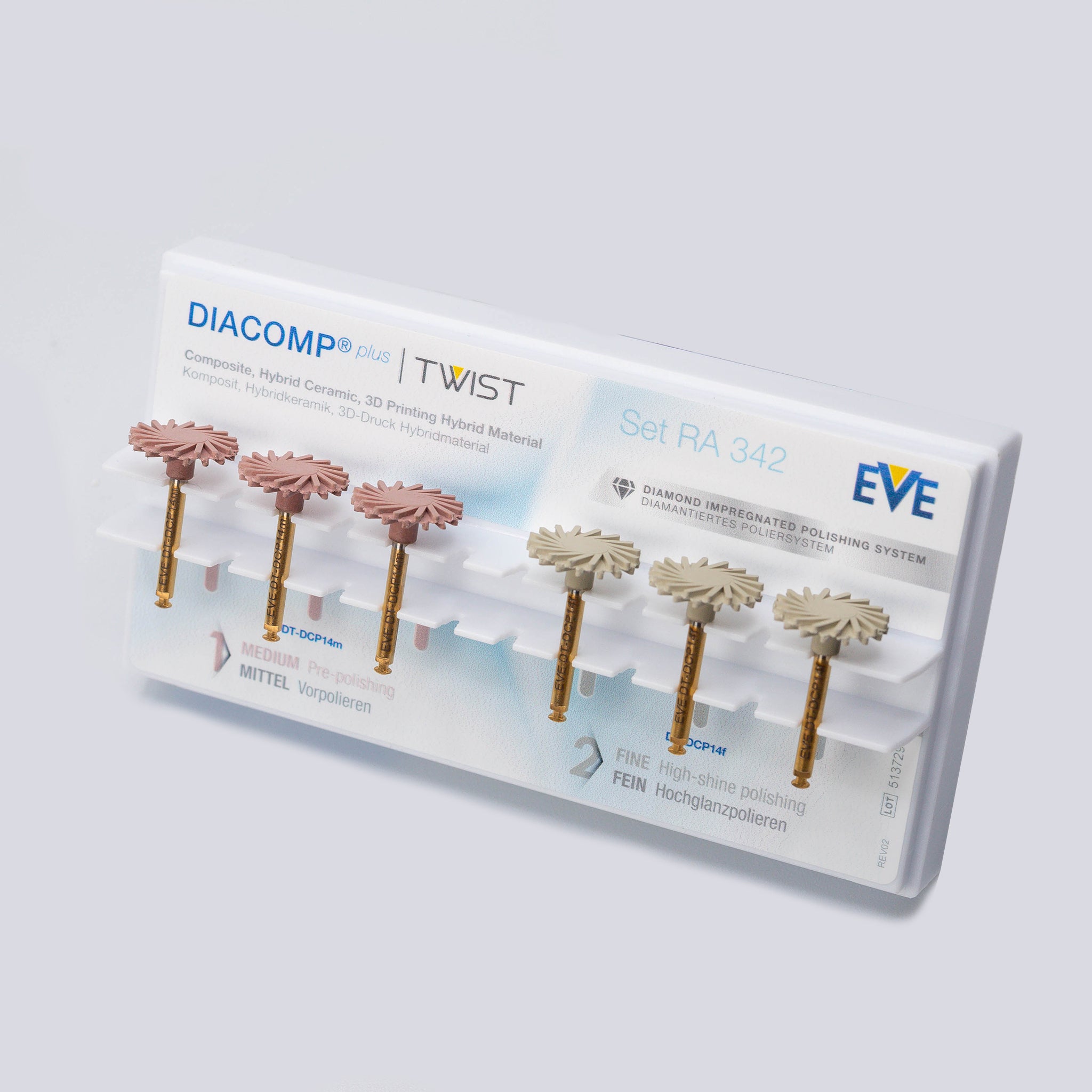 Complete EVE DIACOMP® PLUS TWIST Set RA 342, including six diamond-impregnated polishers in medium and fine grits, displayed in a compact and clear protective case. Designed for high-shine polishing of composites and hybrid ceramics