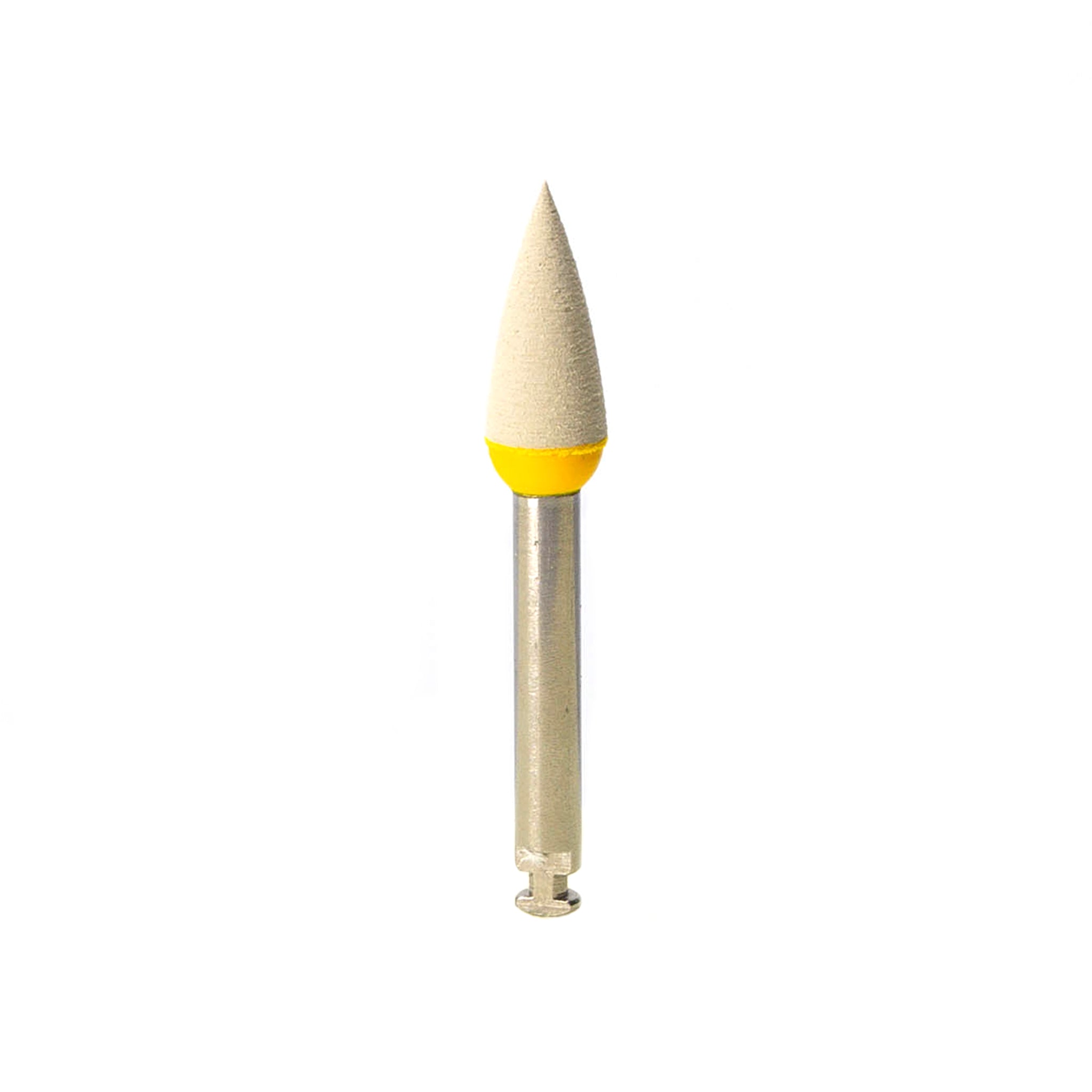 EVE DIAPOL® RA pointed polisher with a gray abrasive surface and yellow accent for advanced polishing of hard-to-reach ceramic surfaces