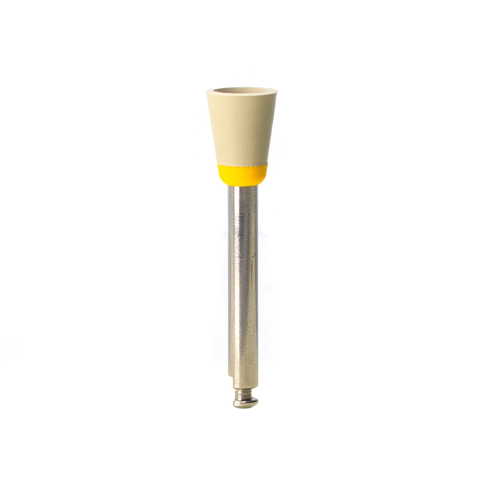 EVE DIAPOL® RA cone-shaped polisher with a gray abrasive section and yellow base for deburring and polishing detailed ceramic restorations.