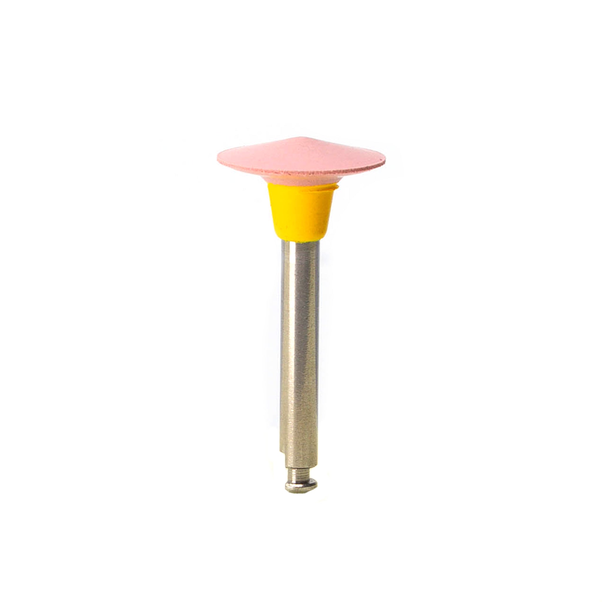 EVE DIAPOL® RA flat disk-shaped pre-polisher with a pink abrasive surface and a yellow attachment, ideal for pre-polishing broad ceramic surfaces