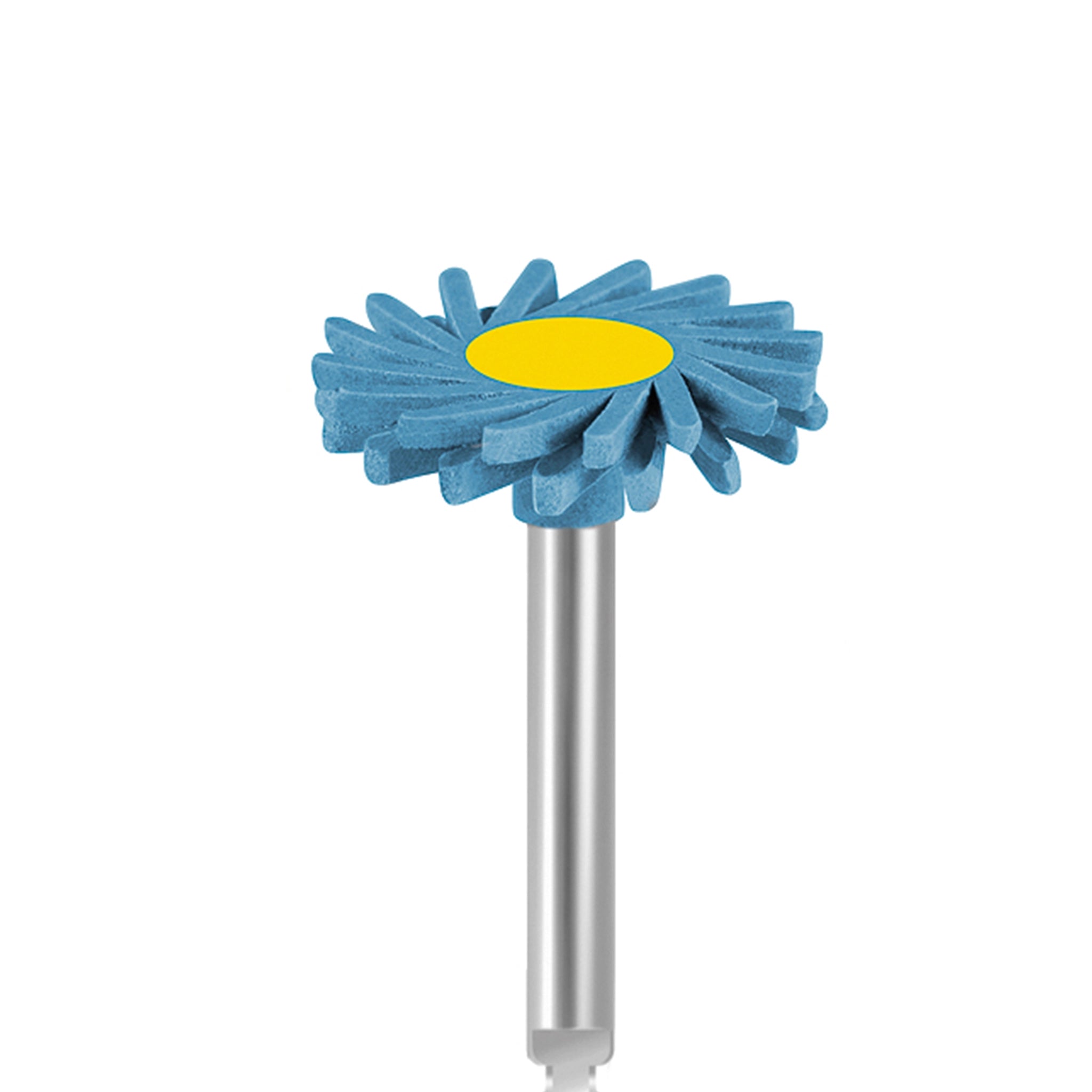 EVE DIAPOL® RA smoothing polisher with a flower-shaped blue abrasive surface and yellow center, designed for coarse-grit smoothing of ceramic and zirconia restorations.