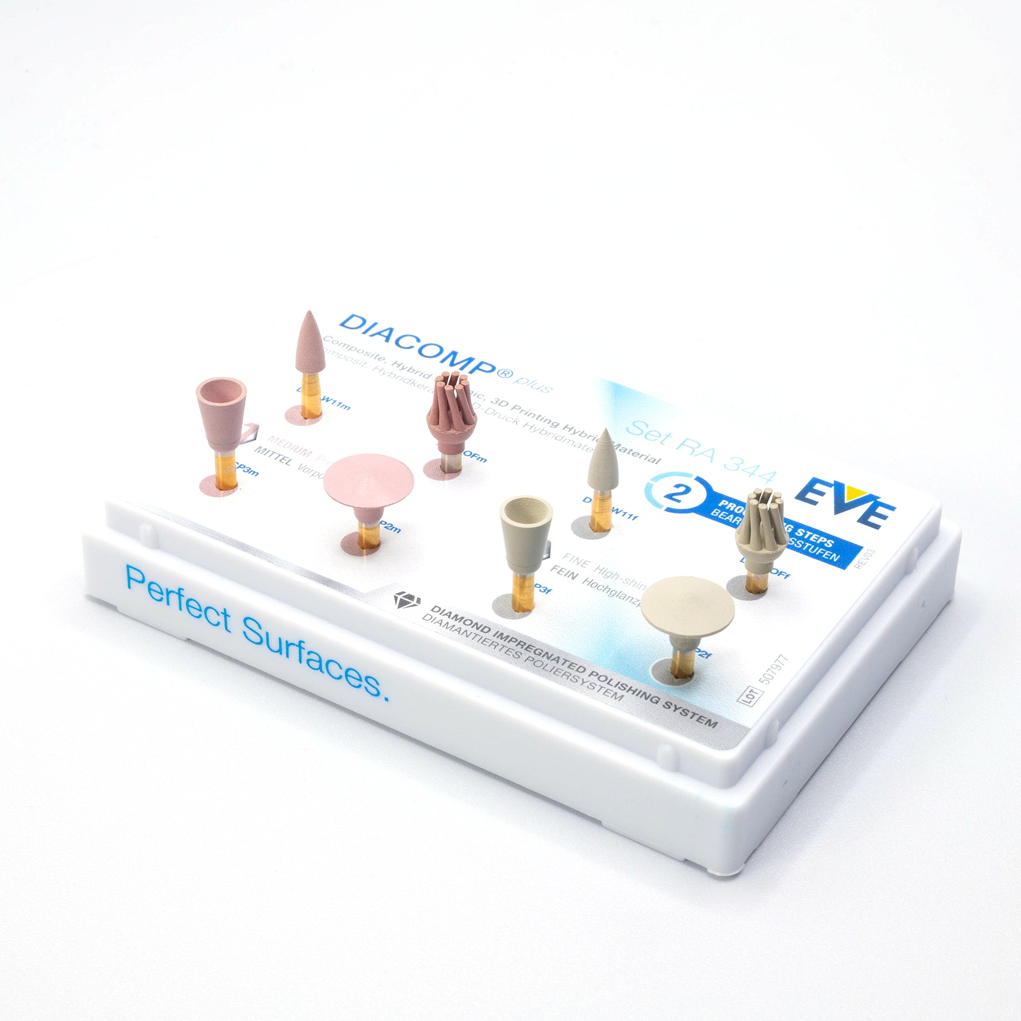 Complete EVE DIACOMP® PLUS RA Set RA 344 featuring eight polishers in medium and fine grits, arranged in a white display case labeled with product details and shapes. Designed for composite and hybrid ceramic polishing.