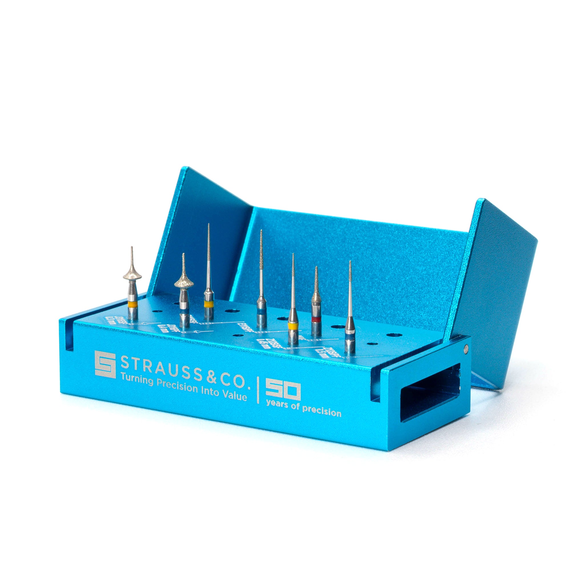 Strauss & Co. Interproximal Reduction Kit (IPRKIT1) featuring a blue bur holder with a curated selection of diamond burs, specifically designed for precise tooth slenderizing and contouring in IPR procedures.