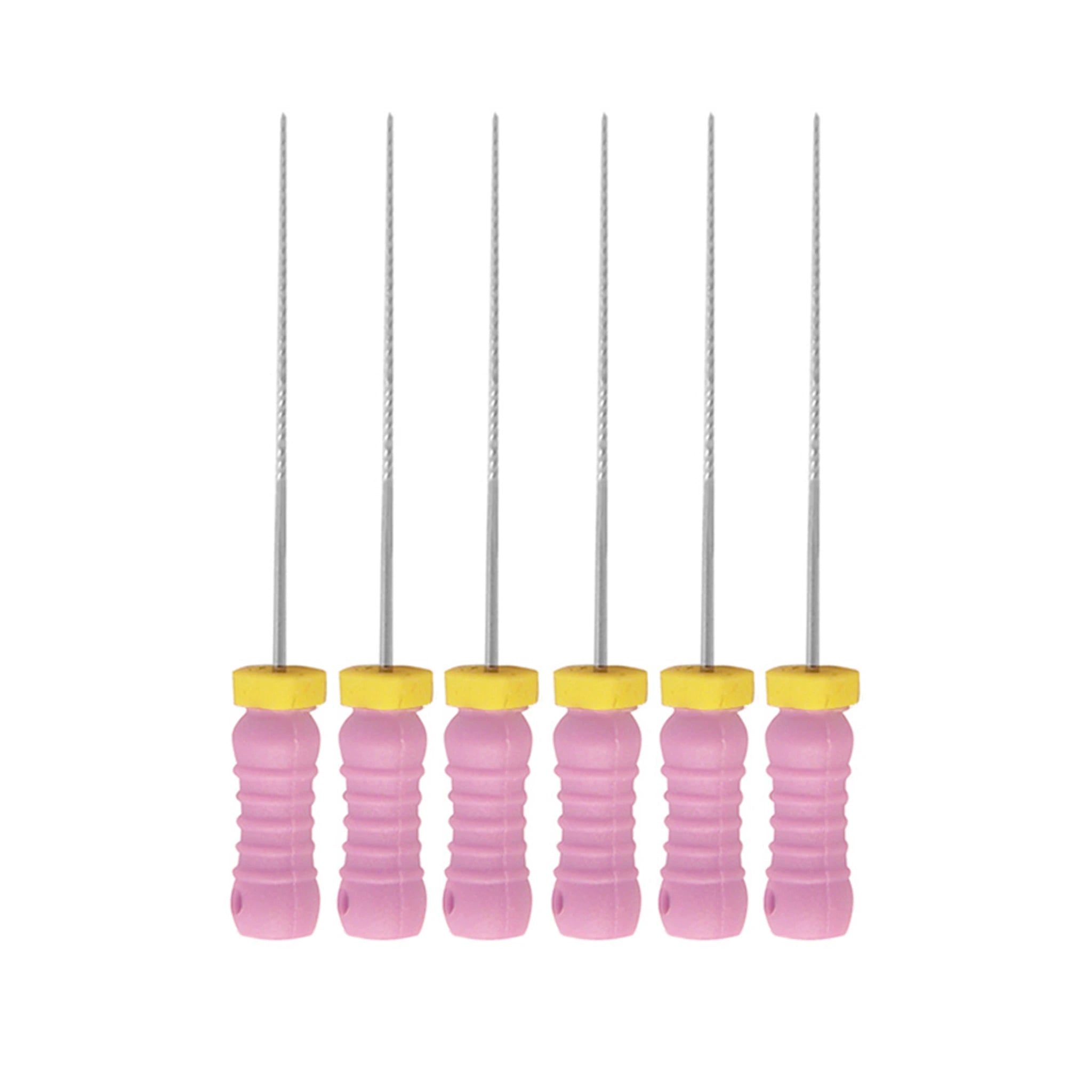 Set of six K Flexi Files, Size 6, featuring light pink ergonomic handles with yellow ISO color-coded caps and stainless steel files, designed for cleaning and shaping root canals with a length of 25mm.