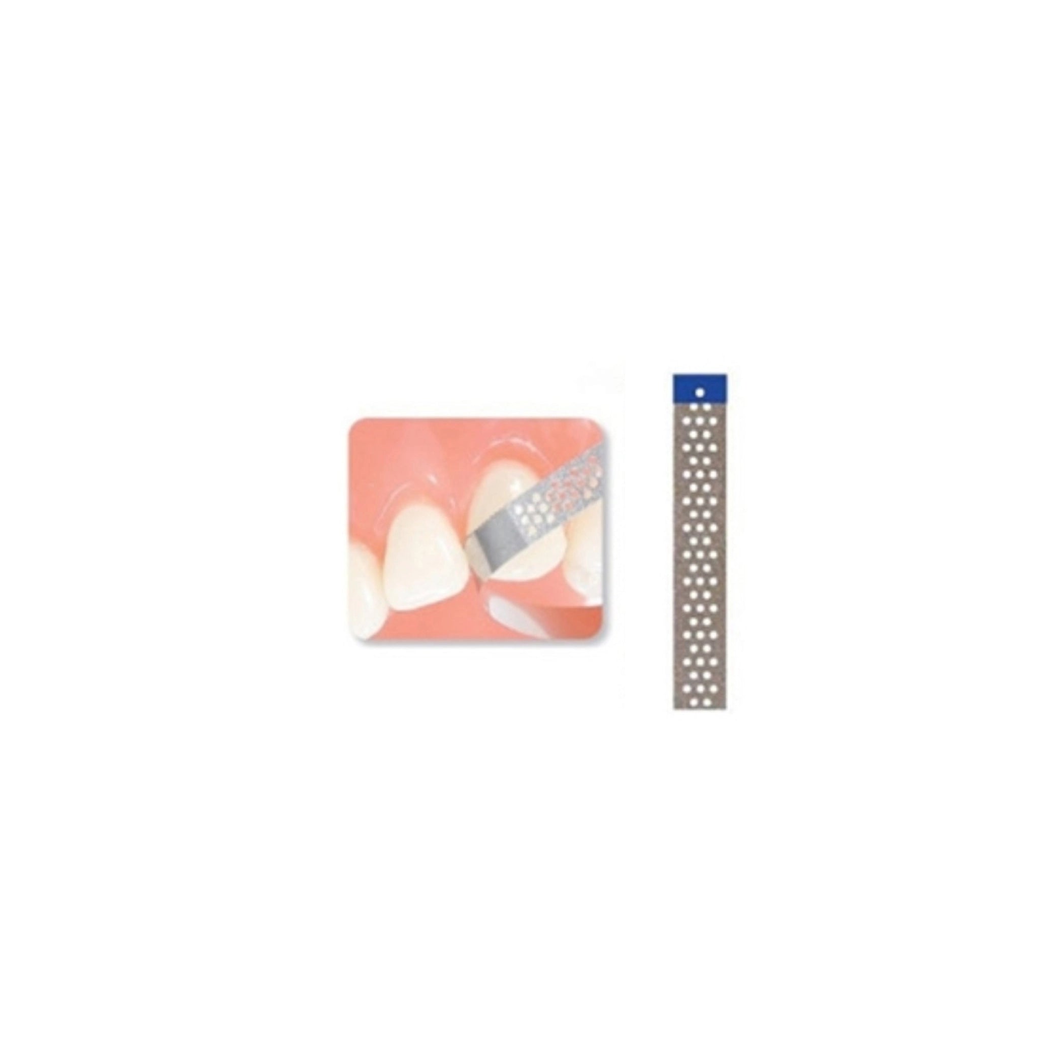 A perforated diamond finishing strip with a blue-coded handle designed for effective enamel shaping and contouring. The strip is displayed being used for precise interproximal adjustments between two teeth, ensuring accessibility and control.
