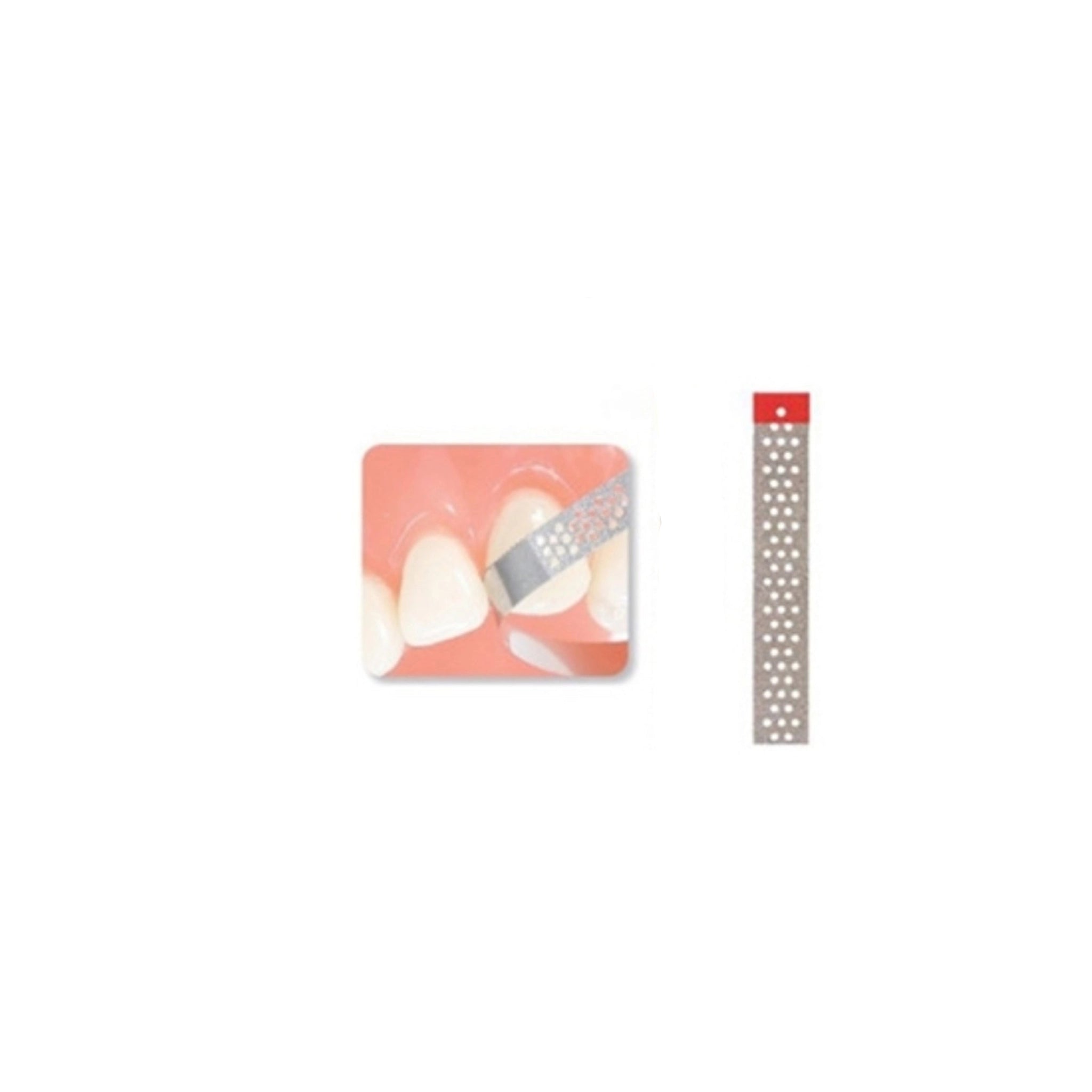 A perforated diamond finishing strip with a red-coded handle crafted for fine finishing and manual enamel reduction. The image depicts the strip in use, highlighting its suitability for detailed interproximal contouring and polishing.