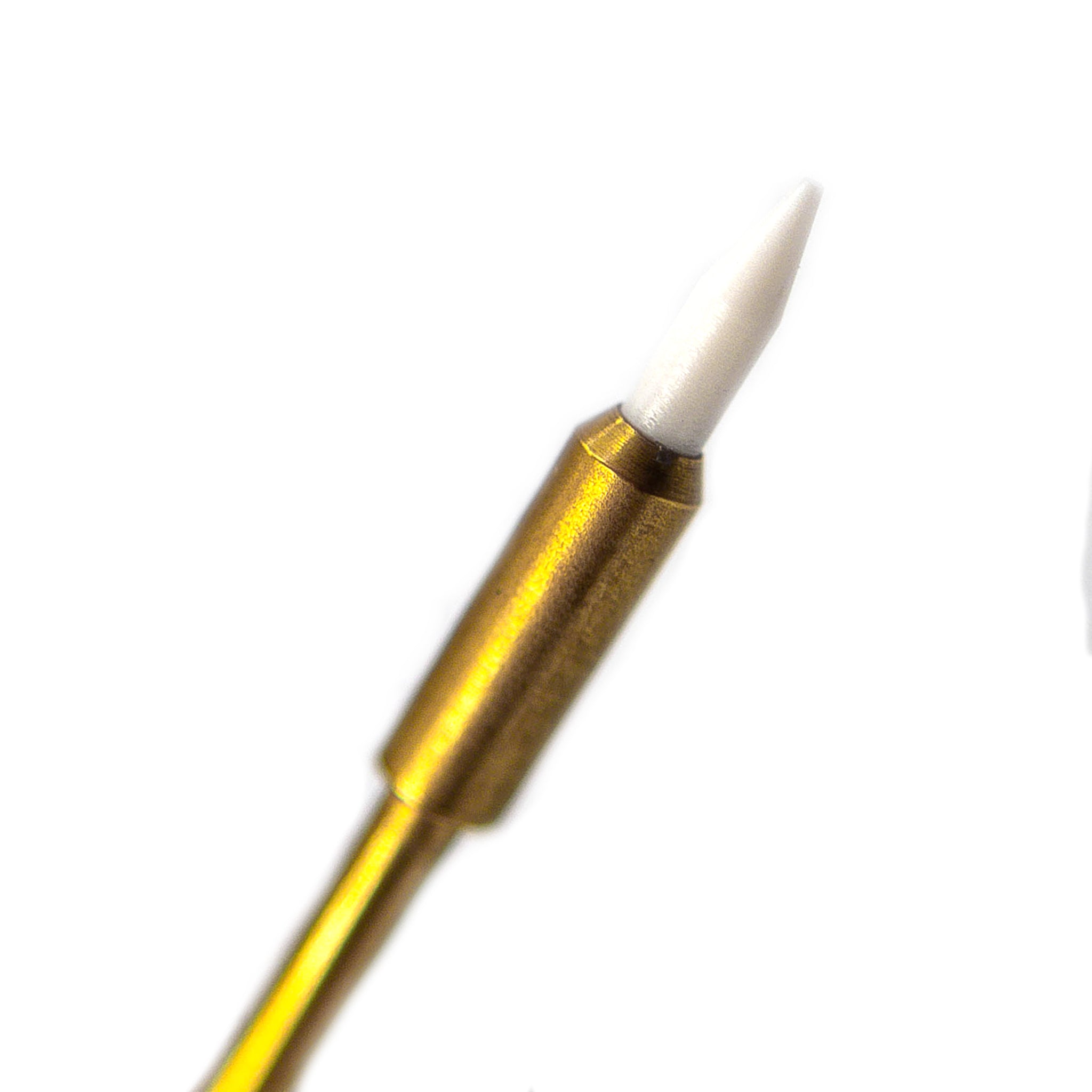 Close up of Soft Tissue Trimming Bur (FG-cer/FG-ceros), flame-shaped hard oxide ceramic bur with a golden shank, ideal for precision soft tissue excision and contouring, designed as an affordable alternative to soft tissue lasers and electro-surgery units