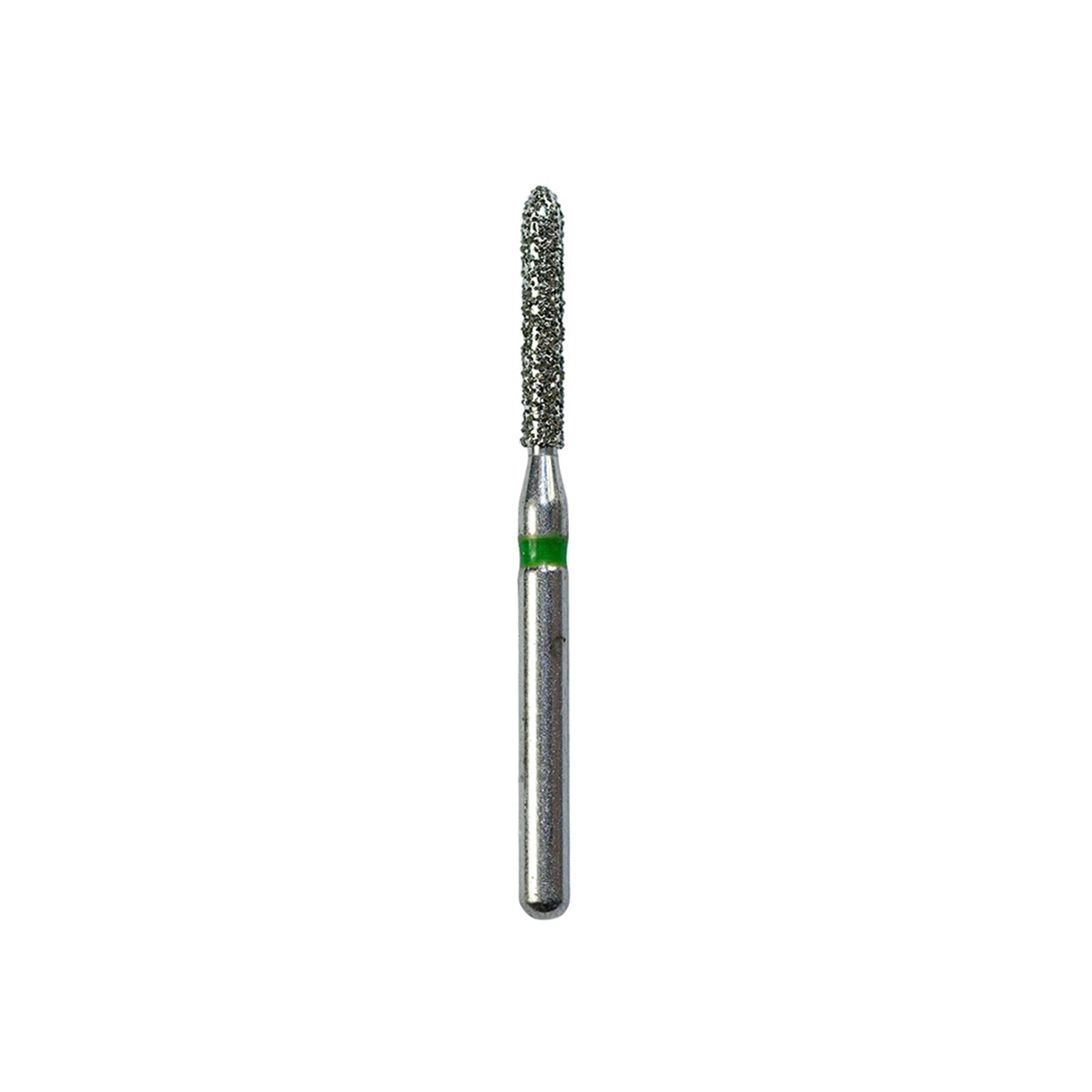 Crown prep bur with a torpedo shape (parallel chamfer), medium diamond grit, used for achieving accurate chamfered crown margins.