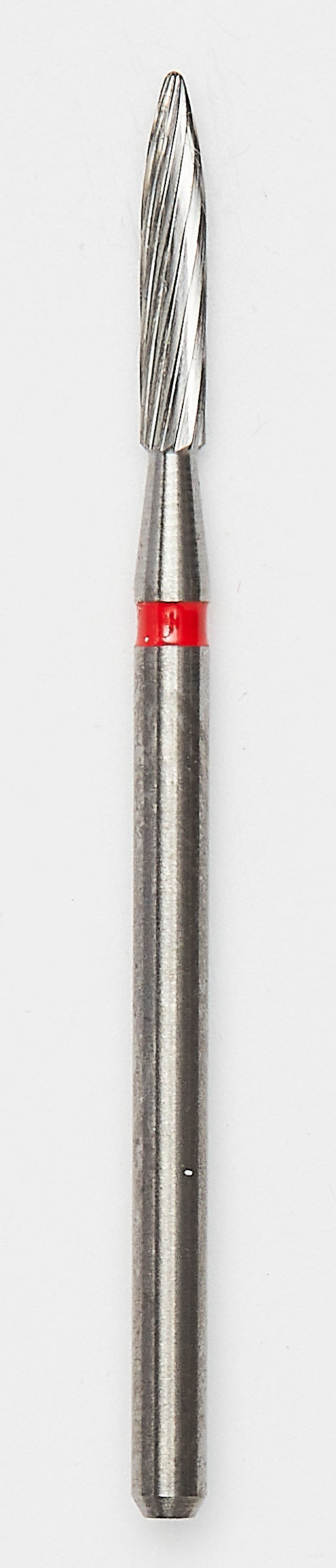 A flame-shaped carbide bur with red color coding, featuring fine, sharp ridges for detailed implant surface preparation and polishing in peri-implantitis surgeries.