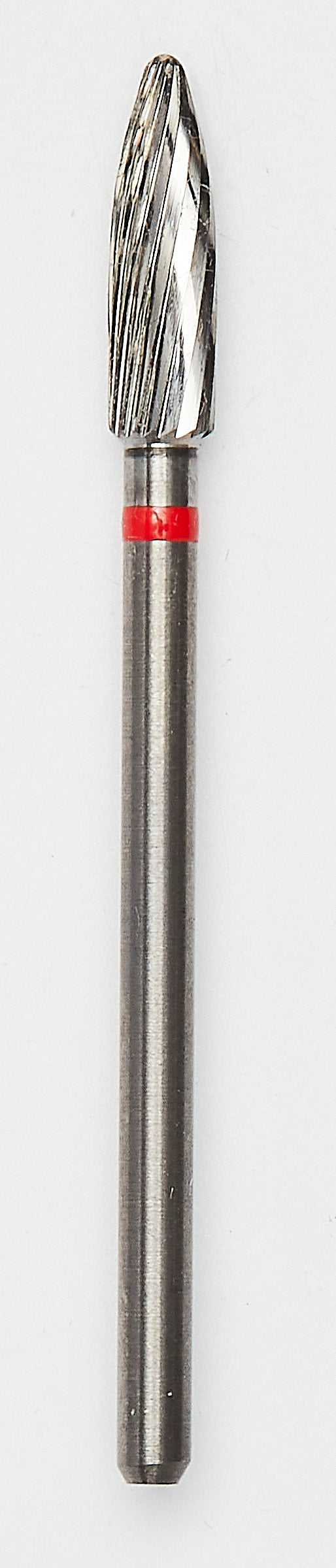A flame-shaped carbide bur with a red ring, showcasing broad spiral ridges for efficient implant surface smoothing during peri-implantitis treatment. Designed for precision and durability.