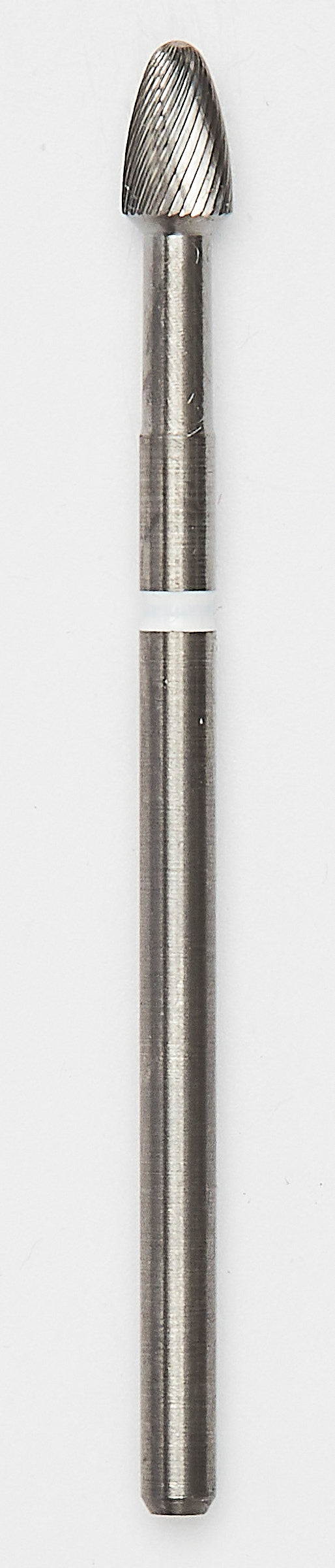 Larger egg-shaped bur with a fine white ring, designed for efficient smoothing of implant surfaces in peri-implantitis cases, offering superior control and precision.