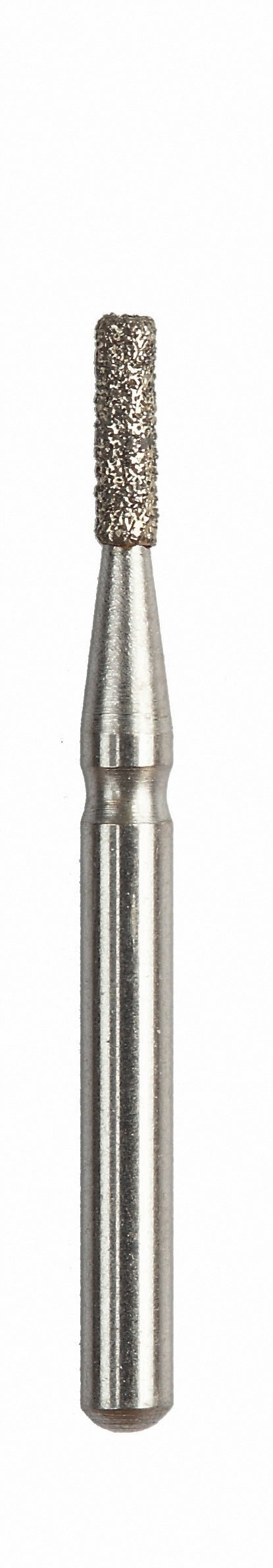 A medium-grit, flat-end cylinder cavity prep bur with a diamond-coated surface, designed for precision in dental procedures. The bur has a metallic shaft with a textured cutting tip, ideal for cavity preparation, shaping, and finishing in restorative dentistry. The background is plain white, emphasizing the bur's detailed structure.
