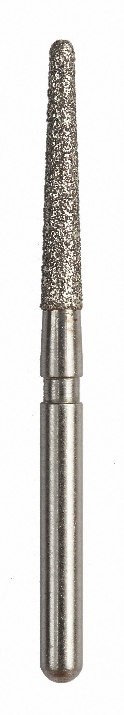 Crown prep bur with a round-end taper shape, medium diamond grit, used for detailed shaping and finishing of crown preparations.