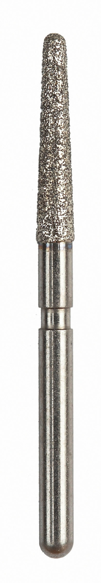 A round-end tapered diamond-coated bur for crown preparation, offering excellent adaptability and smooth contouring.