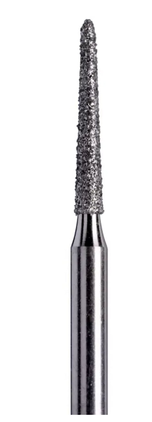 A unique torpedo-shaped bur with a chamfered design and diamond coating, tailored for crown margin finishing and precise shaping.