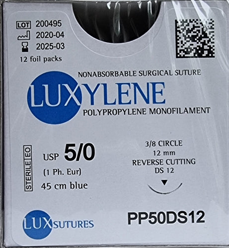 Luxylene PP 45cm   EP 1   USP 5/0   Needle 3/8 Cir Rev Cutting  Surgical Suture  Pack 12  (Code: PP50DS12)