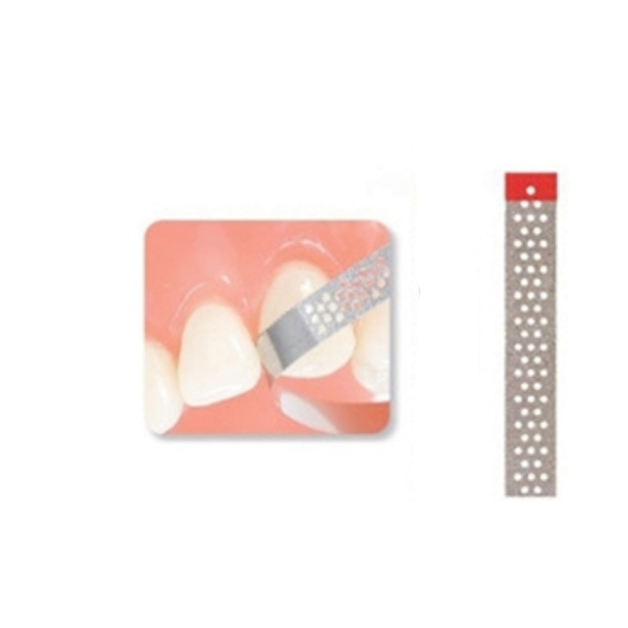 A perforated diamond finishing strip with a red-coded handle crafted for fine finishing and manual enamel reduction. The image depicts the strip in use, highlighting its suitability for detailed interproximal contouring and polishing.