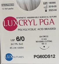 Load image into Gallery viewer, Luxcryl PGA EP 0.7 USP 6/0 Needle 3/8 Cir Rev. Cutting 12mm / 45cm Surgical Suture  Pack 12  (CODE: PG60DS12)