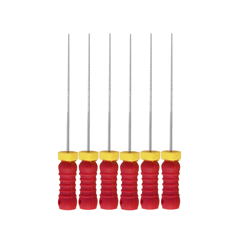 Set of six K Flexi Files, Size 25, featuring red ergonomic handles with yellow ISO color-coded caps and stainless steel files, designed for cleaning and shaping root canals with a length of 25mm.